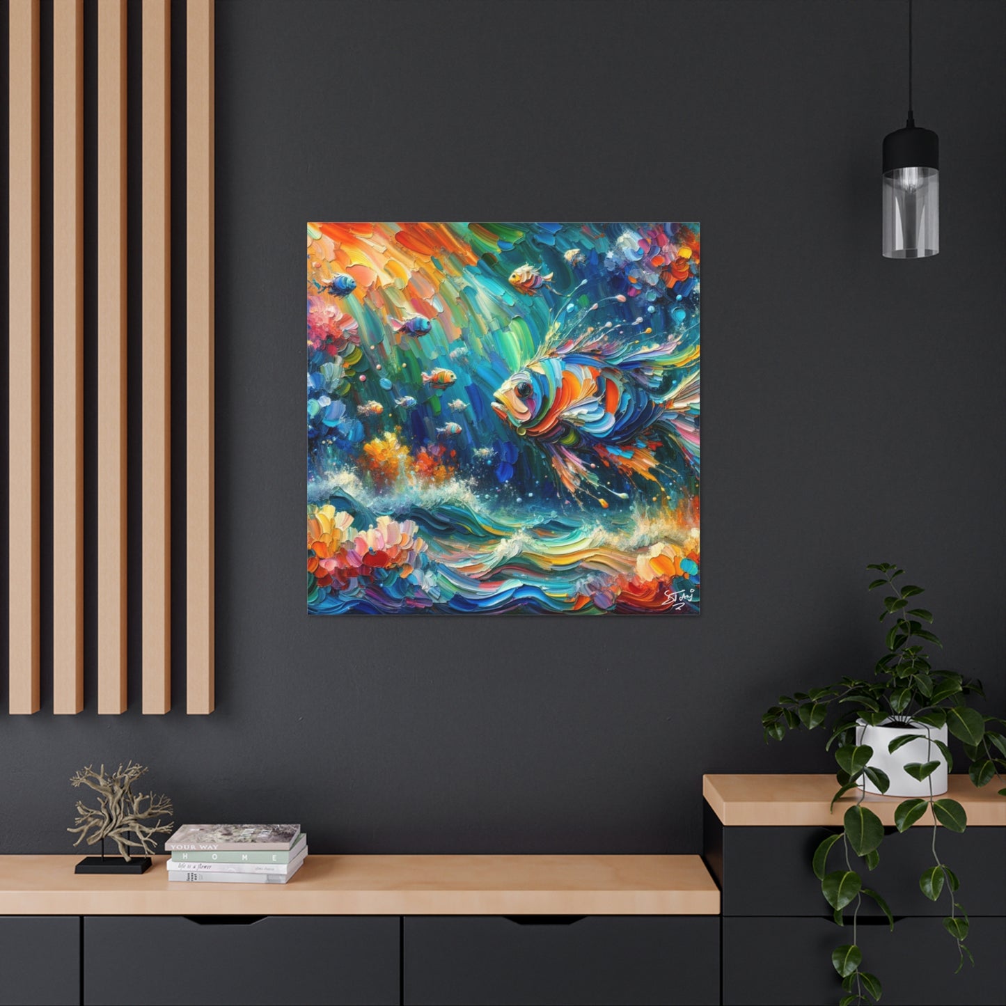 Art Print, Fishes in Coral Reef, Oil Finish, Caribbean Nature, Semi-Abstract, Canvas Gallery Wrap