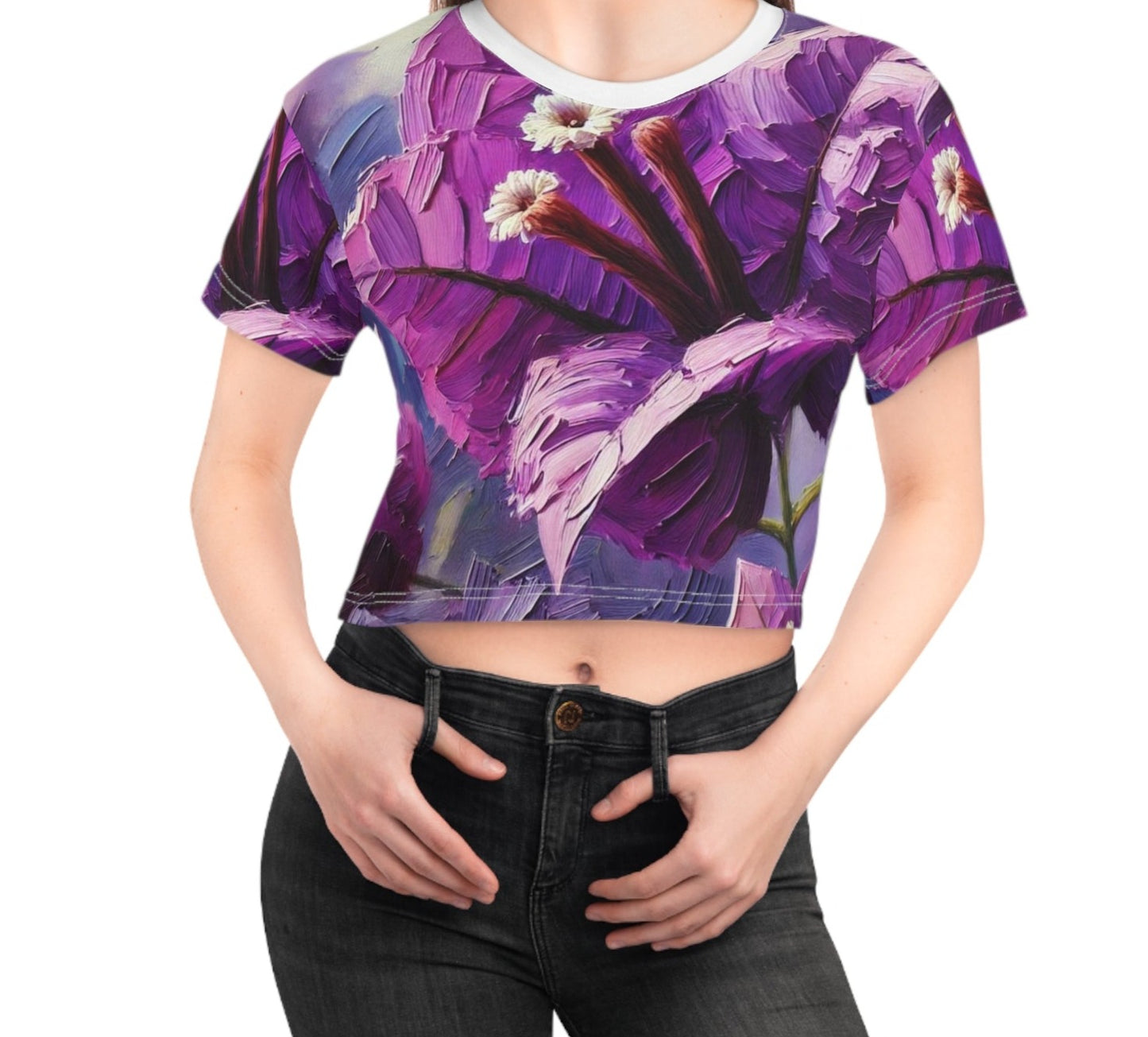 Women's Silky Soft Crop Tee (AOP) Purple Floral Print