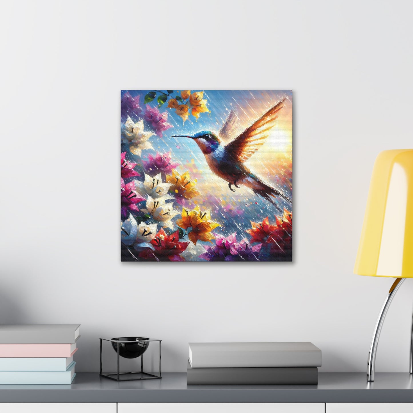 Art Print of Hummingbird in Flight...in the Sun and Rain, Bougainvillea, Caribbean, Oil Finish, West Indian Art, Canvas Gallery Wraps