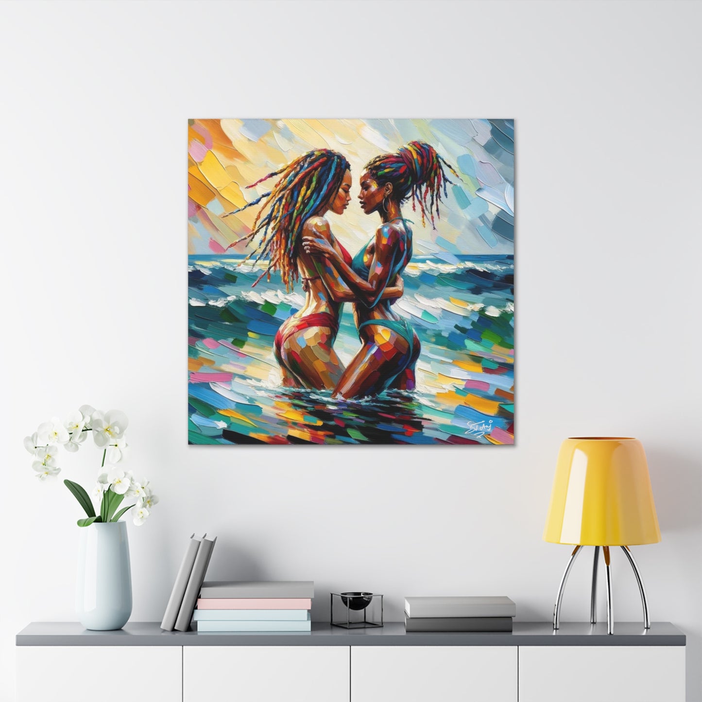 Art Print, Caribbean Couple, "In Our World" Semi-Abstract Oil Finish, West Indian Ethnicity, Cultural, Heritage, Abstract, Canvas Gallery Wrap