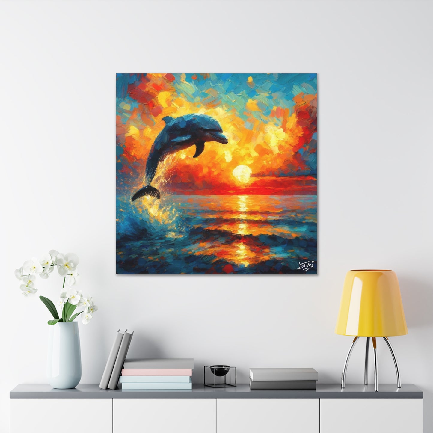 Art Print, Dolphin at Sunset, Oil Finish, Caribbean Nature, Canvas Gallery Wrap