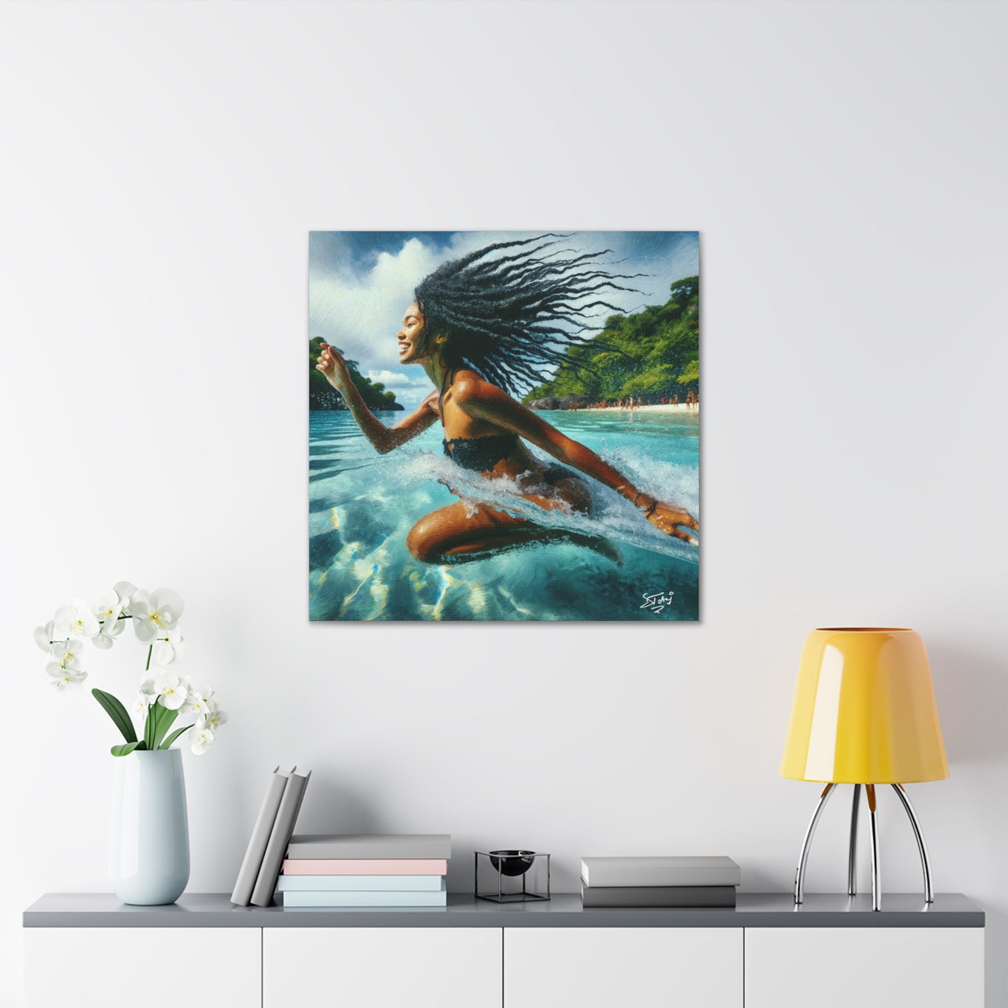 Art Print, Caribbean Woman, "Sea Bath" Abstract, Oil Finish, West Indian Ethnicity, Cultural, Heritage, Abstract, Canvas Gallery Wrap