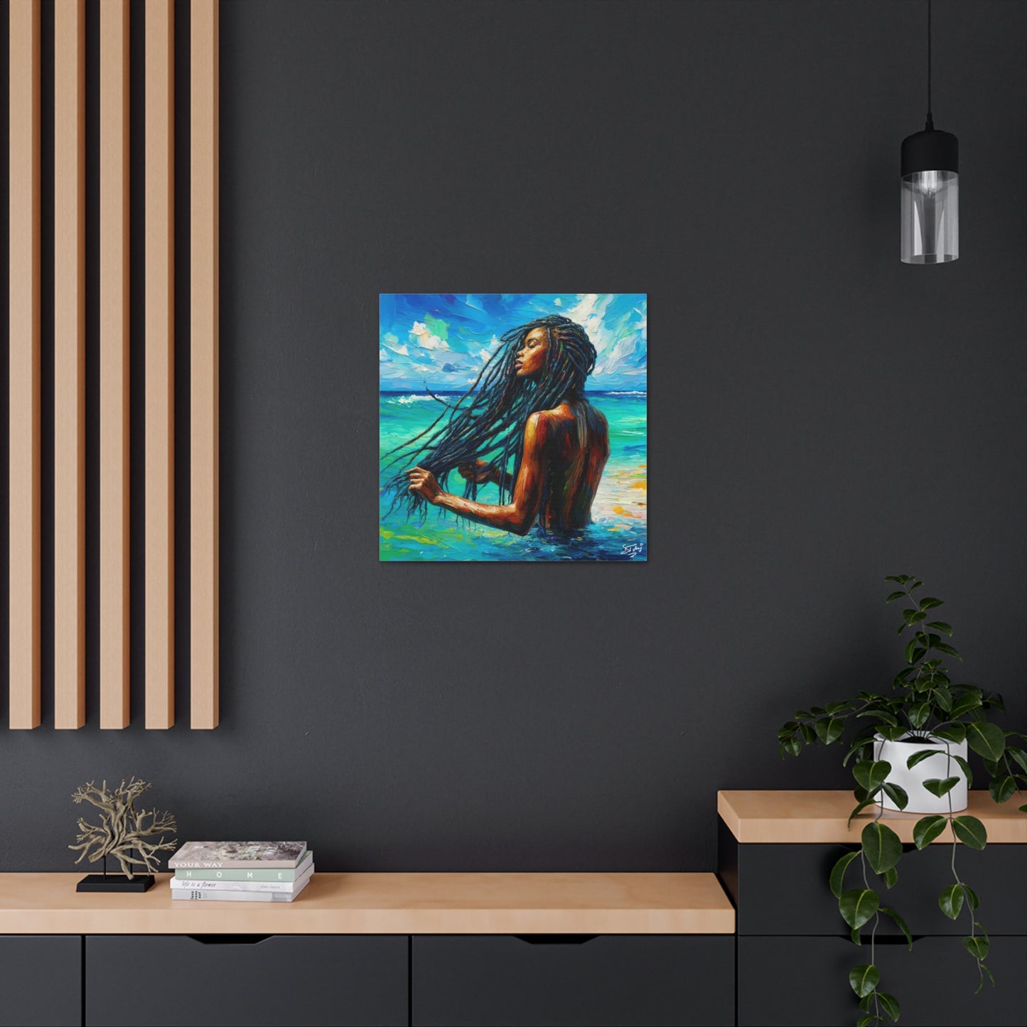 Art Print, Afro-Caribbean Woman "Chilling in the Ocean" Oil Finish, West Indian Ethnicity, Cultural, Heritage, Semi-Abstract, Canvas Gallery Wrap