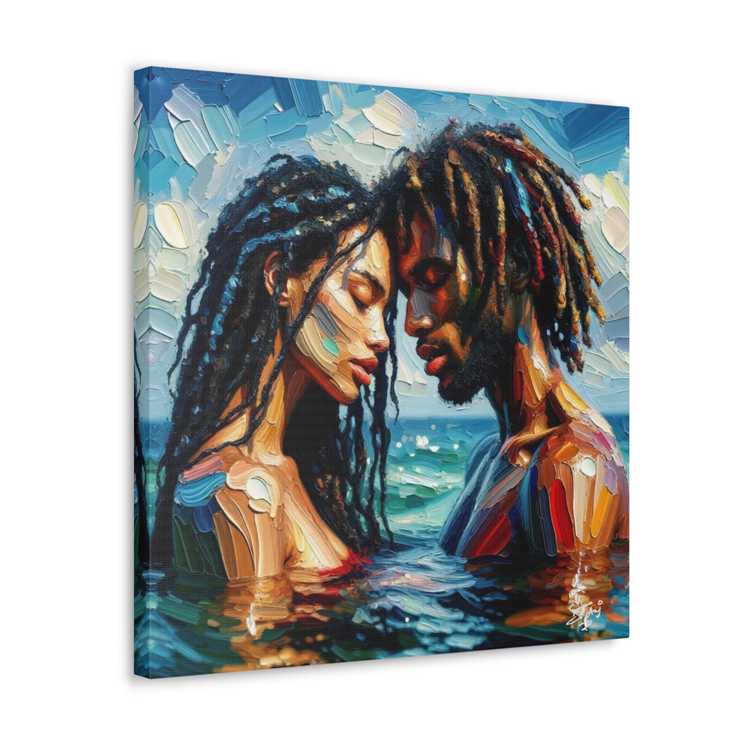 Art Print, Caribbean Couple, "In Our World" Semi-Abstract Oil Finish, West Indian Ethnicity, Cultural, Heritage, Abstract, Canvas Gallery Wrap