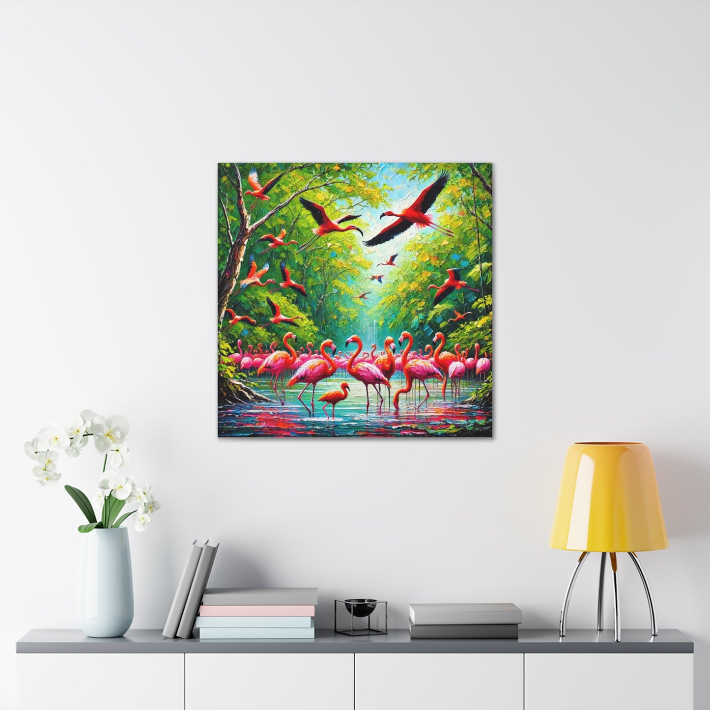 Art Print, Scarlet Ibises & Flamingos in Their Natural Mangrove Habitat in Trinidad and Tobago, Caribbean, West Indian Art, Canvas Gallery Wraps