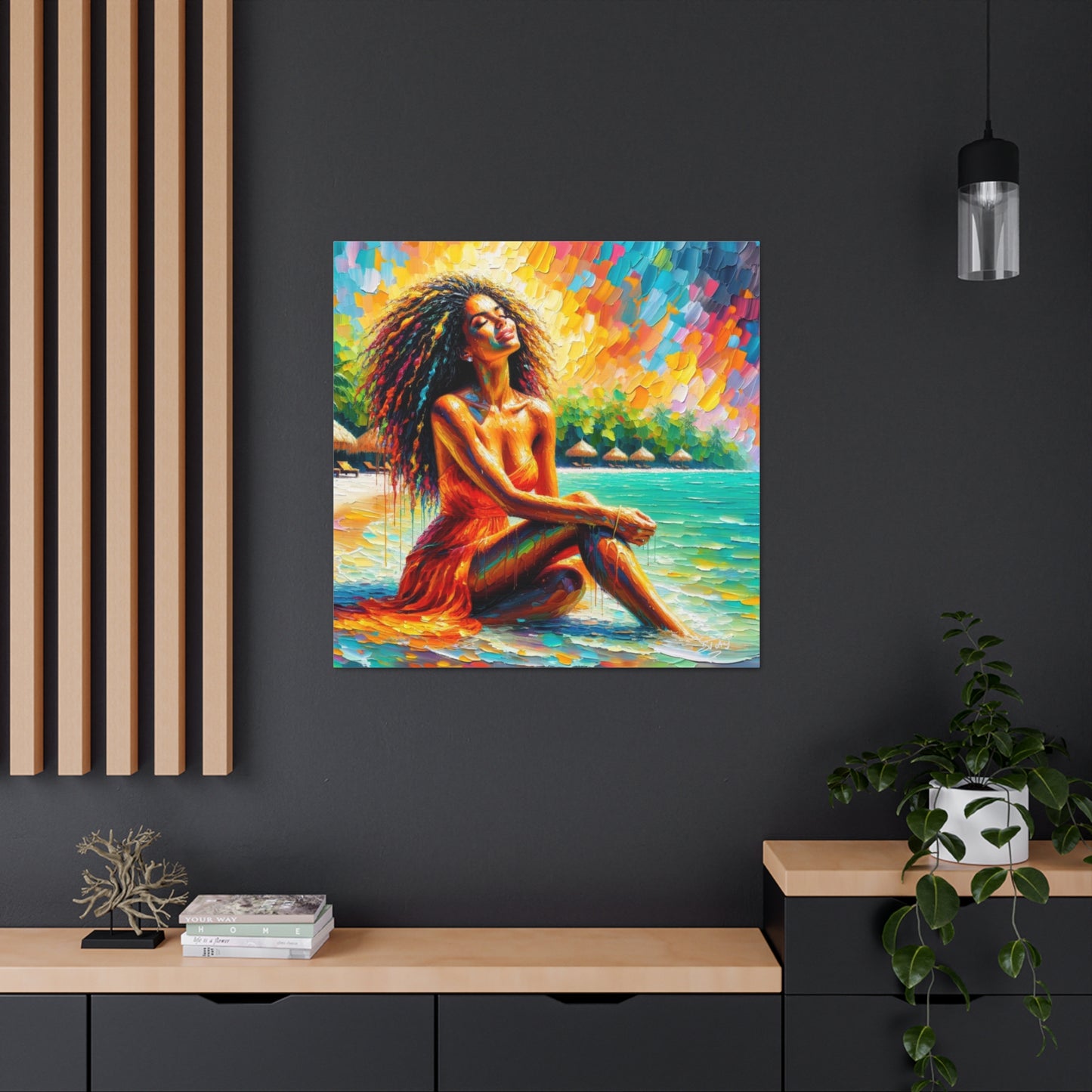 Art Print, Indo-Caribbean Woman, "Chilling on the Beach" Oil Finish, West Indian Ethnicity, Cultural, Heritage, Abstract, Canvas Gallery Wrap