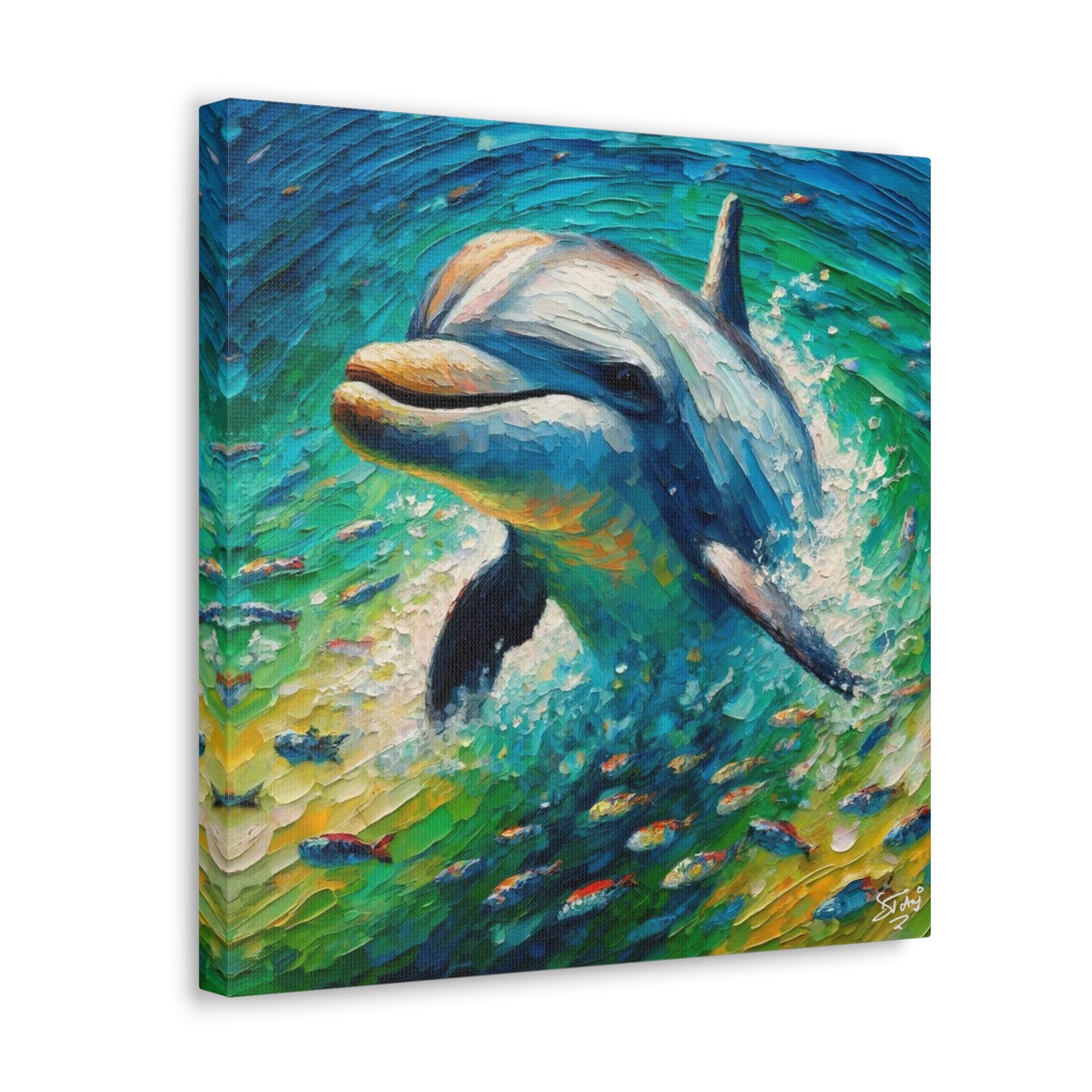 Art Print, Dolphin in the Caribbean Sea, Oil Finish, Caribbean Nature, Canvas Gallery Wrap