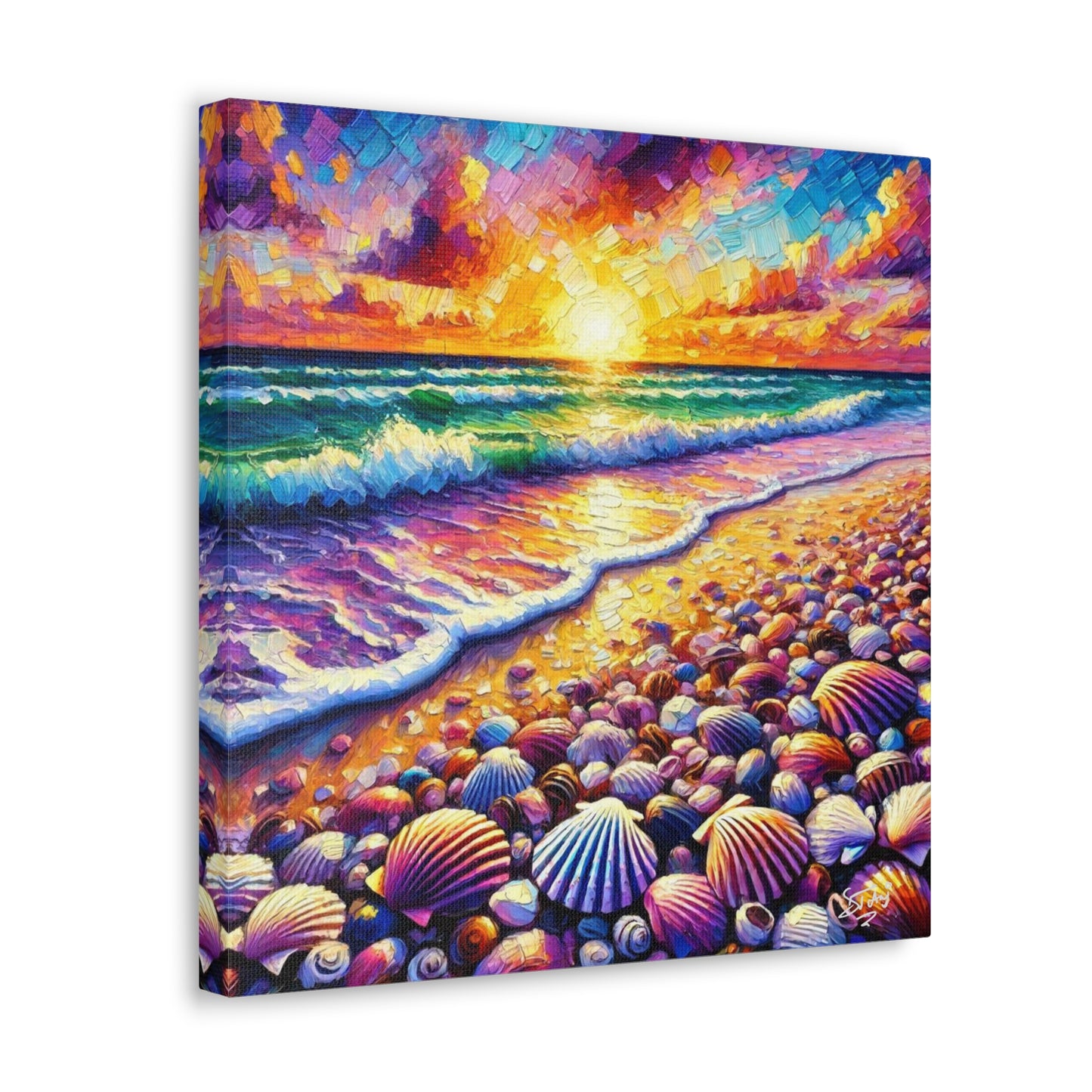 Art Print, Seashell, Caribbean Sunset Beach Scene, Abstract, Oil Painting, West Indian Art, Canvas Gallery Wraps