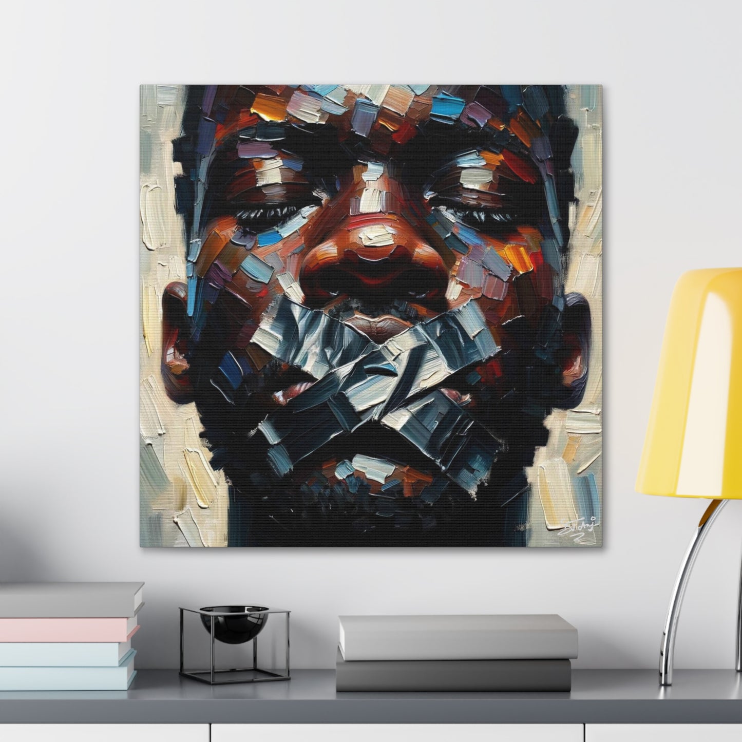 Art Print, Afro-Caribbean Man Silenced? Oil Finish, West Indian Ethnicity, Cultural, Heritage, Semi-Abstract, Canvas Gallery Wrap