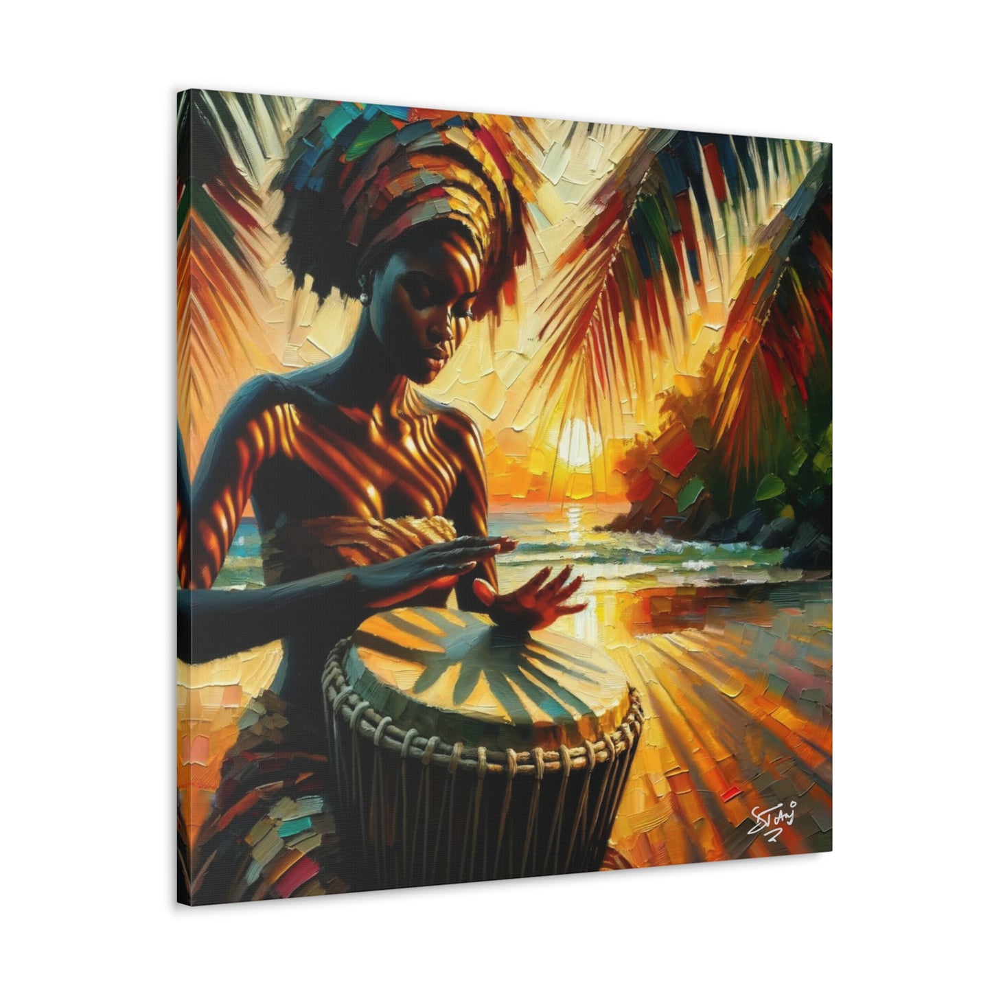 Art Print, Afro-Caribbean Woman, "Drumming" Oil Finish, West Indian Ethnicity, Cultural, Heritage, Abstract, Canvas Gallery Wrap