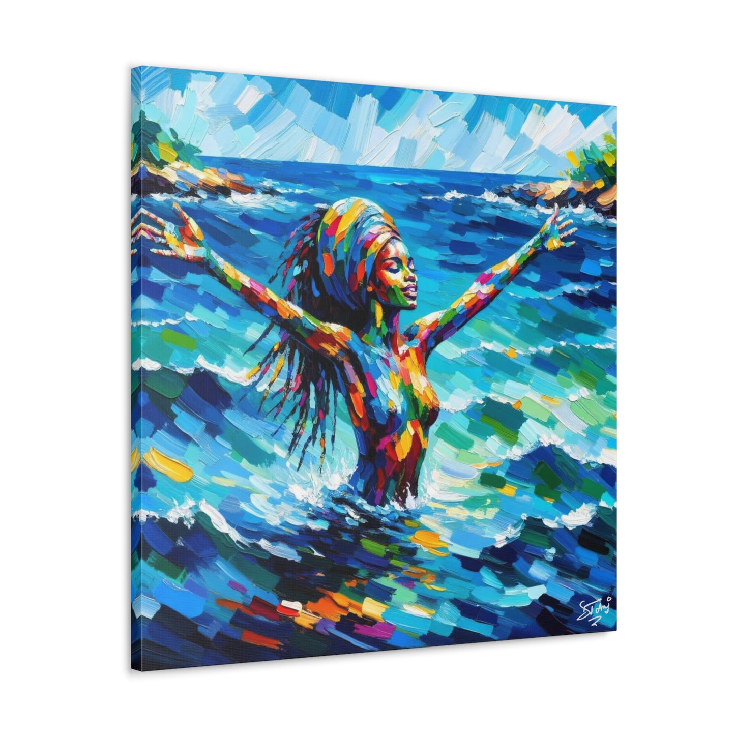 Art Print, Black Woman, Sea Bath, Oil Finish, Caribbean Nature, Semi-Abstract, Canvas Gallery Wrap