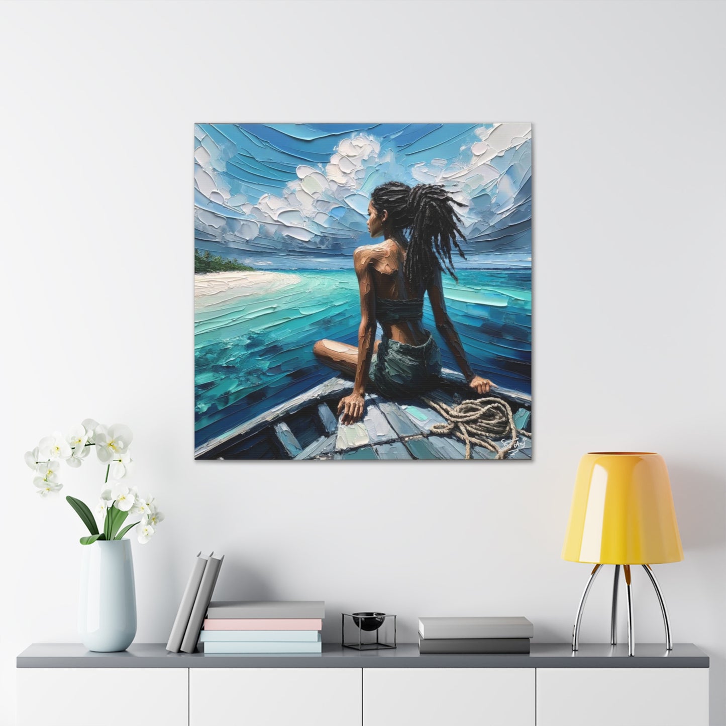 Art Print, Dougla Woman "Chilling in the Boat" Oil Finish, West Indian Ethnicity, Cultural, Heritage, Semi-Abstract, Canvas Gallery Wrap