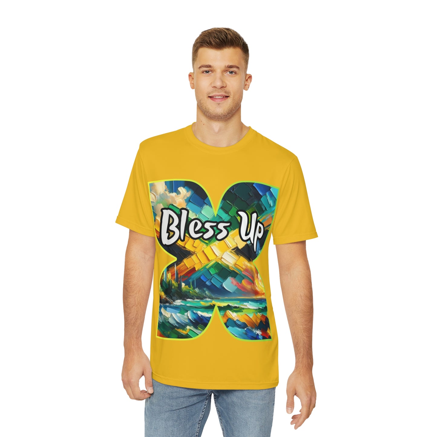 Men's Brushed Polyester Short Sleeve Tee (AOP), "Bless Up"