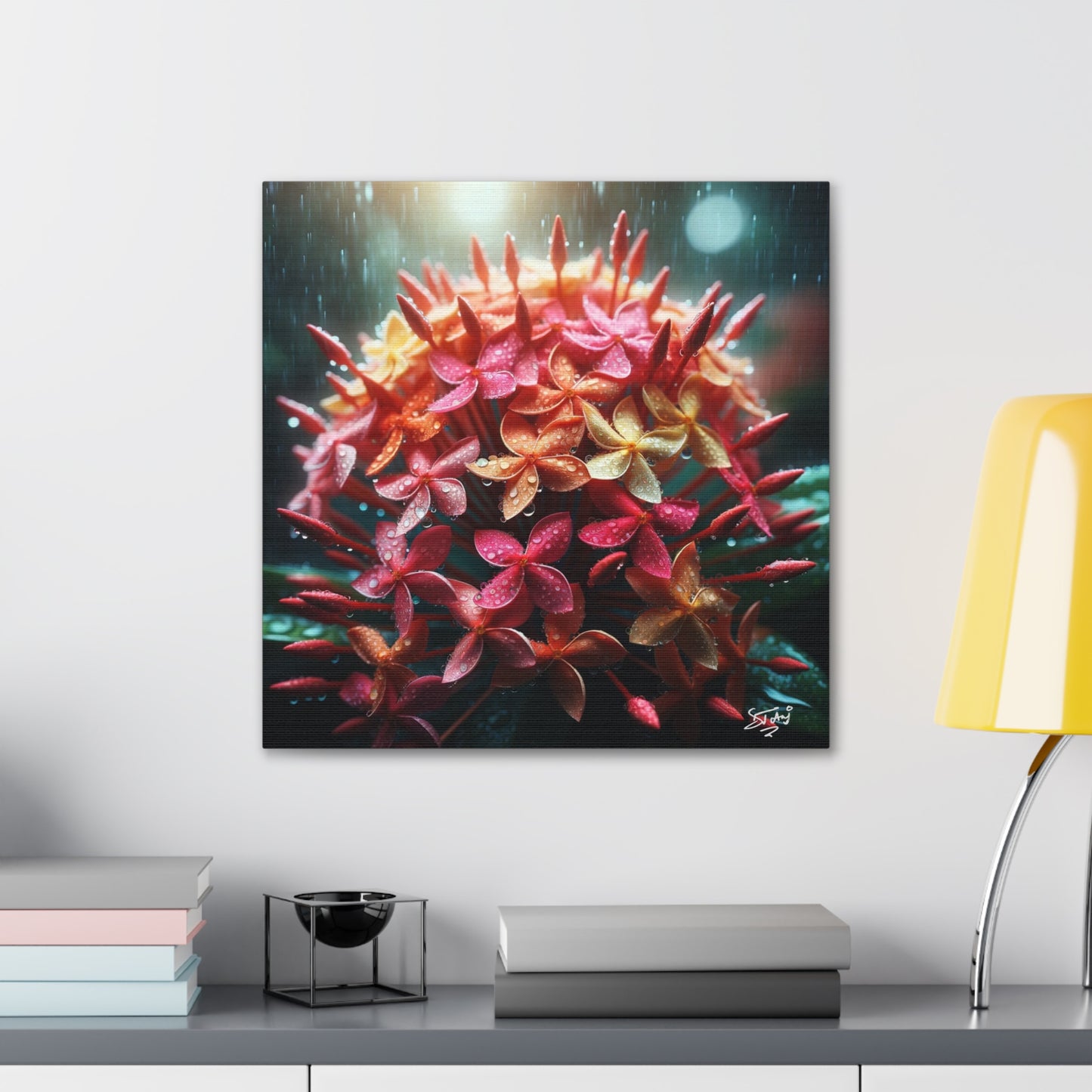 Print of Ixora Flower in The Rain, Caribbean, Vibrant and Vivid Colors of Ixora flowers, Trinidad and Tobago, Canvas Gallery Wraps