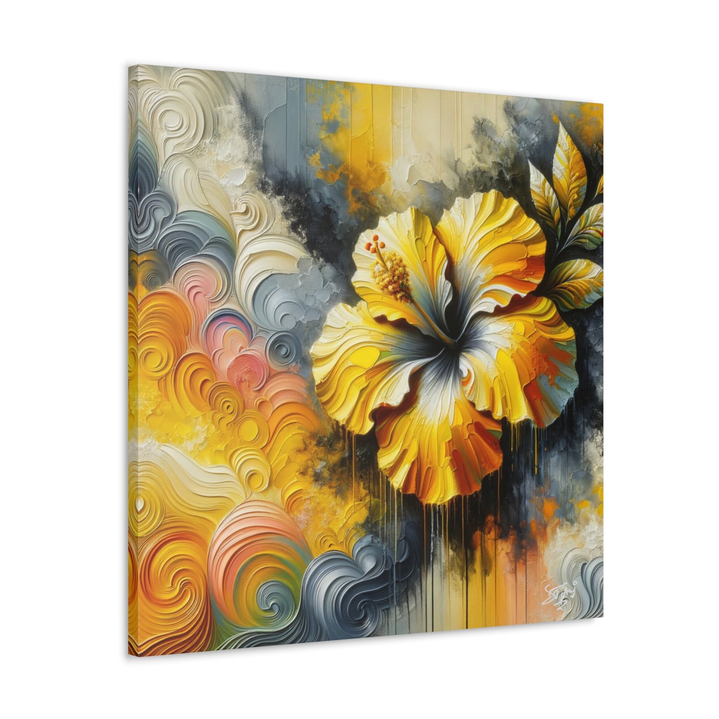 Oil Print of a Yellow Hibiscus Flower, Close-up View, Semi-abstract, Caribbean, Vibrant Vivid Colors, Canvas Gallery Wraps