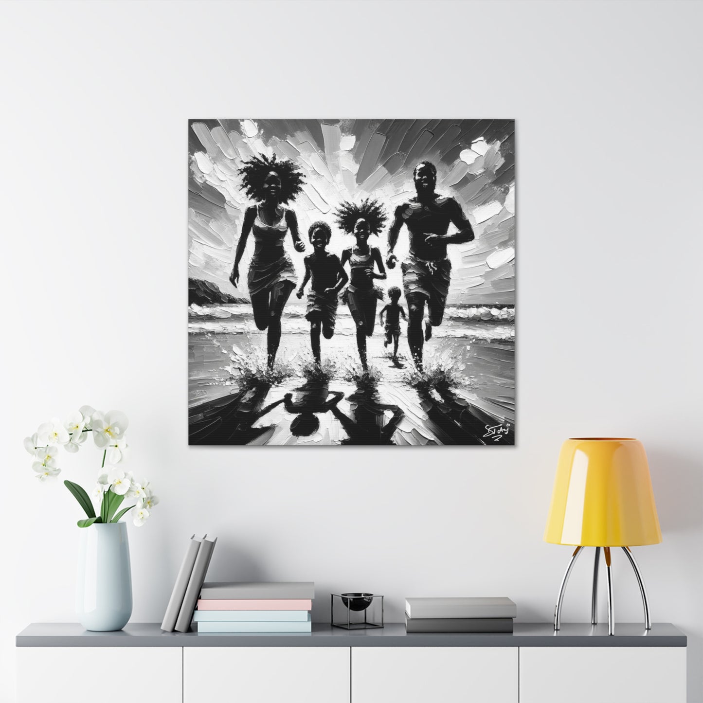 Art Print, Afro-Caribbean Family "Running on the Beach," Oil Finish, West Indian Ethnicity, Cultural, Heritage, Abstract, Canvas Gallery Wrap