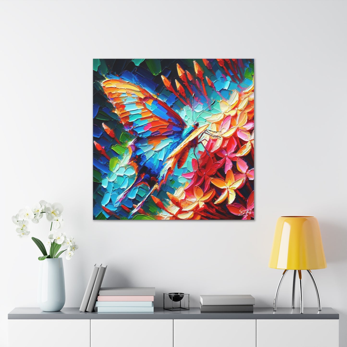 Art Print, Butterfly on Ixoras, Oil Finish, Caribbean Nature, Cultural, Heritage, Semi-Abstract, Canvas Gallery Wrap