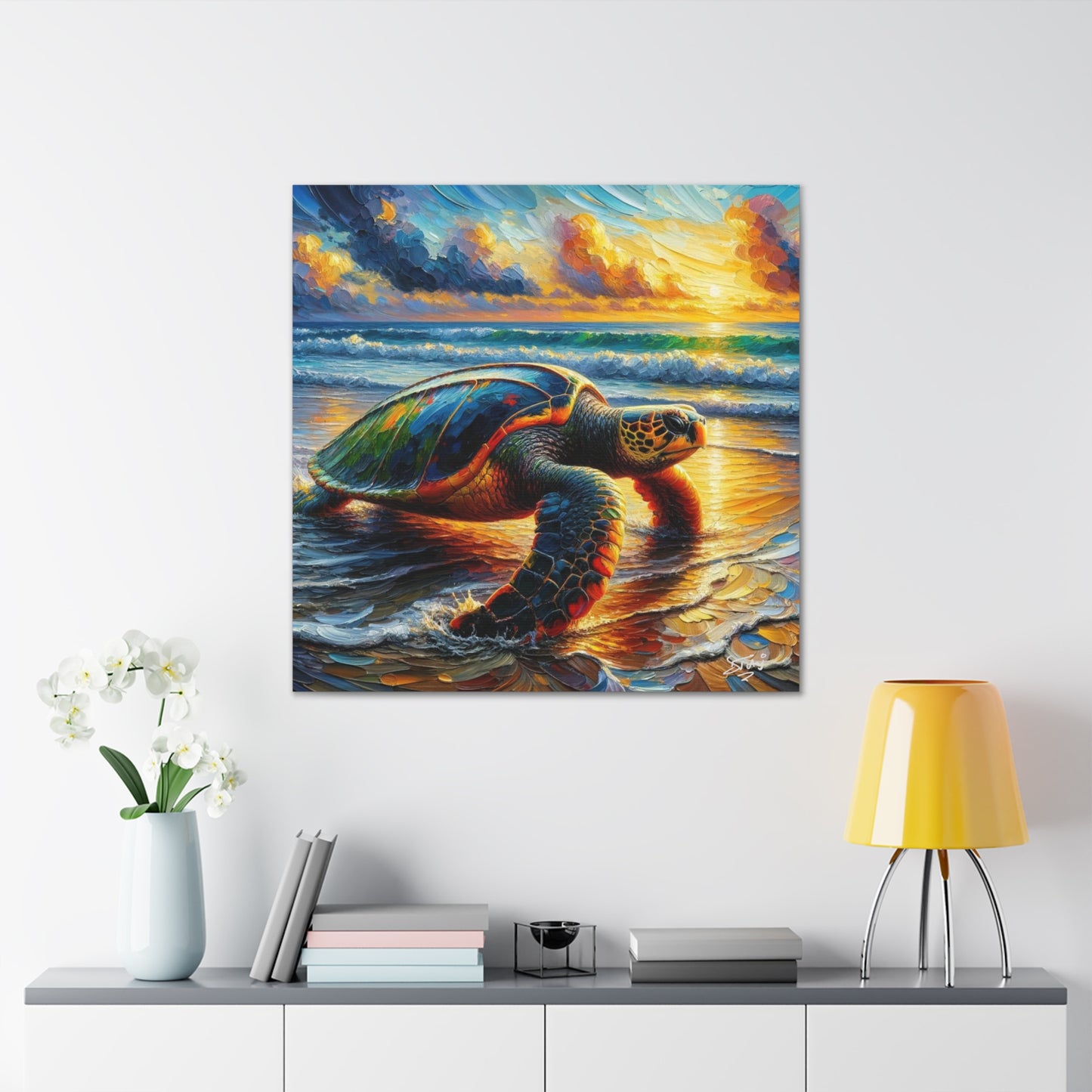 Art Print, Turtle at Sunset, Caribbean Wildlife, Oil Finish, Caribbean Nature, Culture, Heritage, Canvas Gallery Wrap