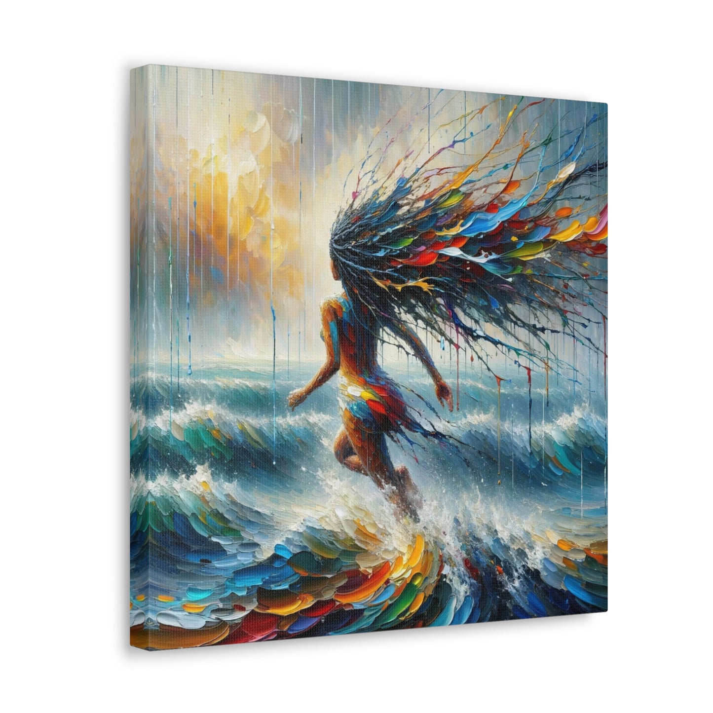 Art Print#5, East Indian Woman from Trinidad running into the Atlantic Ocean, Caribbean, Oil Finish, West Indian Art, Canvas Gallery Wraps