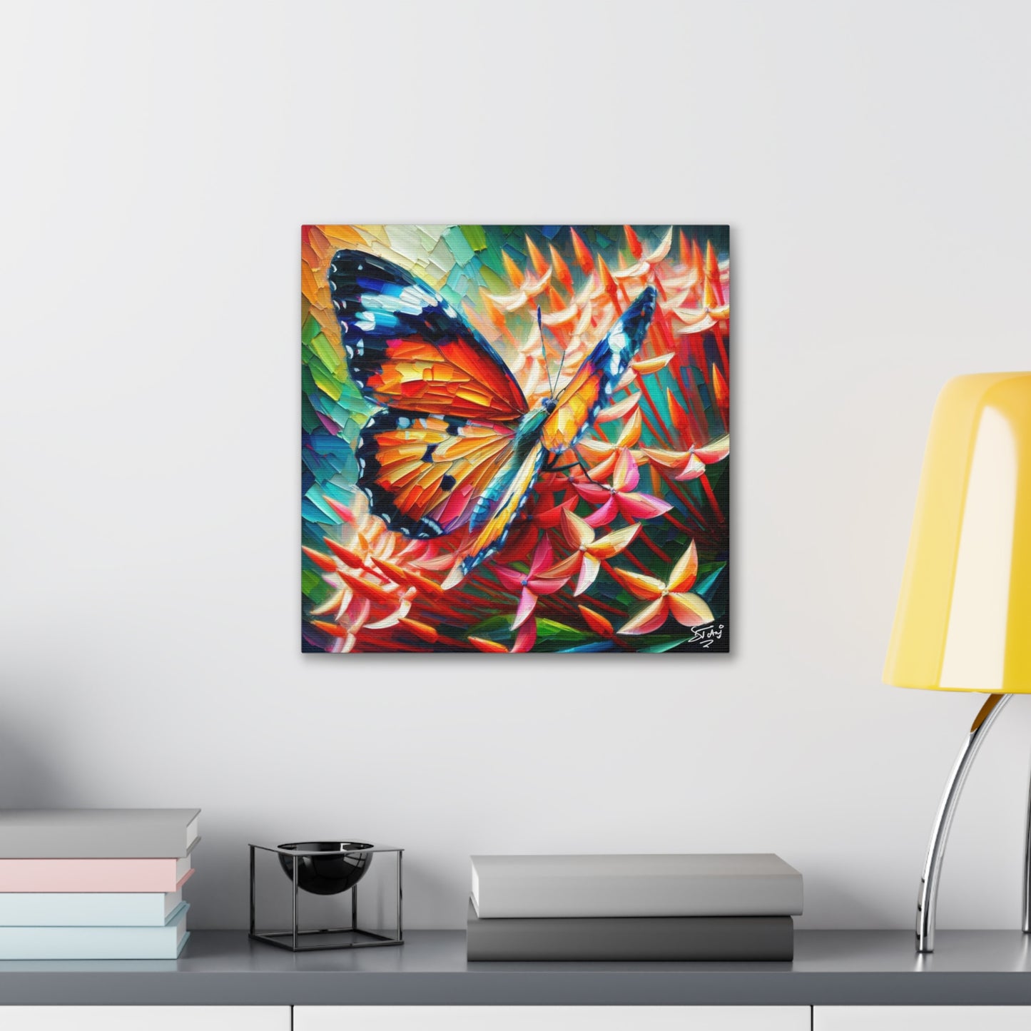 Art Print, Butterfly on Ixoras, Oil Finish, Caribbean Nature, Cultural, Heritage, Semi-Abstract, Canvas Gallery Wrap