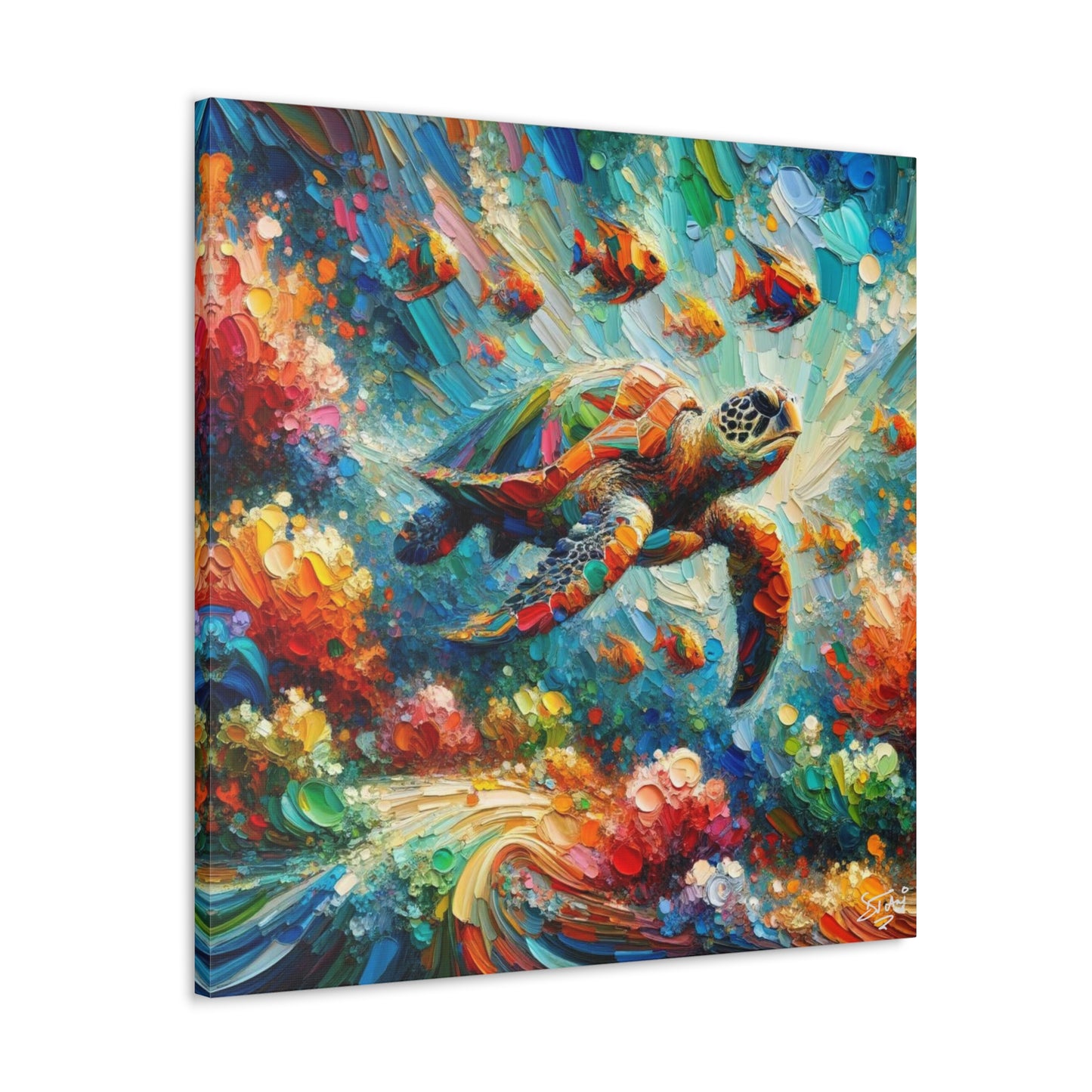 Art Print, Turtle & Fish in Reef, Oil Finish, Caribbean Nature, Cultural, Heritage, Semi-Abstract, Canvas Gallery Wrap