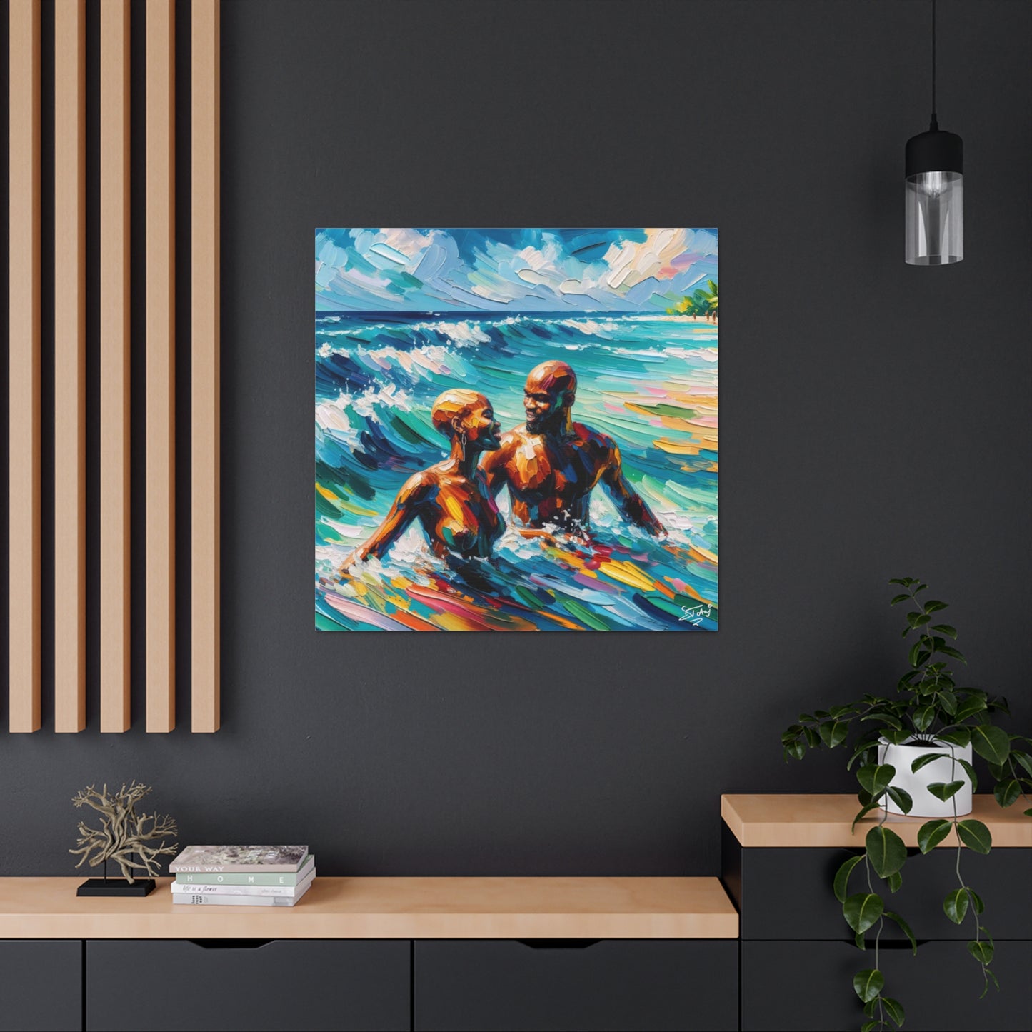 Art Print, Afro-Caribbean Couple "Skinny Dipping," Oil Finish, West Indian Ethnicity, Cultural, Heritage, Semi-Abstract, Canvas Gallery Wrap