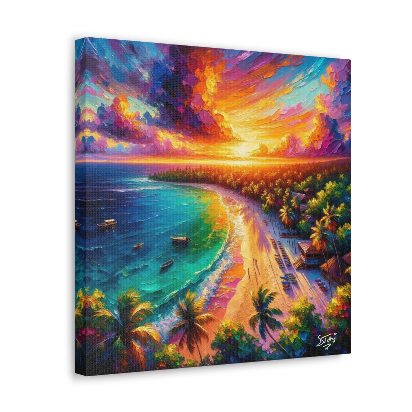 Art Print of Caribbean Beach Sunset Scene, Oil Painting, West Indian Art, Canvas Gallery Wraps