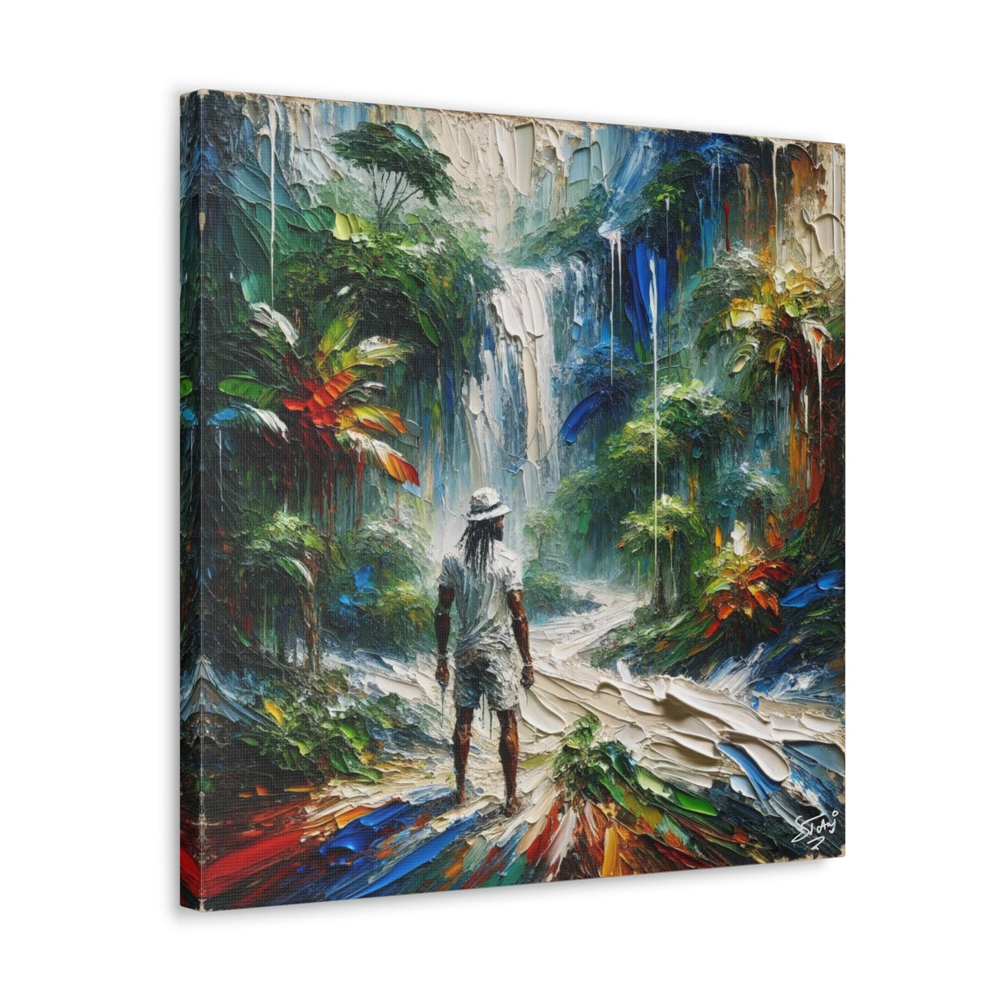 Art Print of Caribbean Man at Waterfall, West Indian Art, Canvas Gallery Wraps