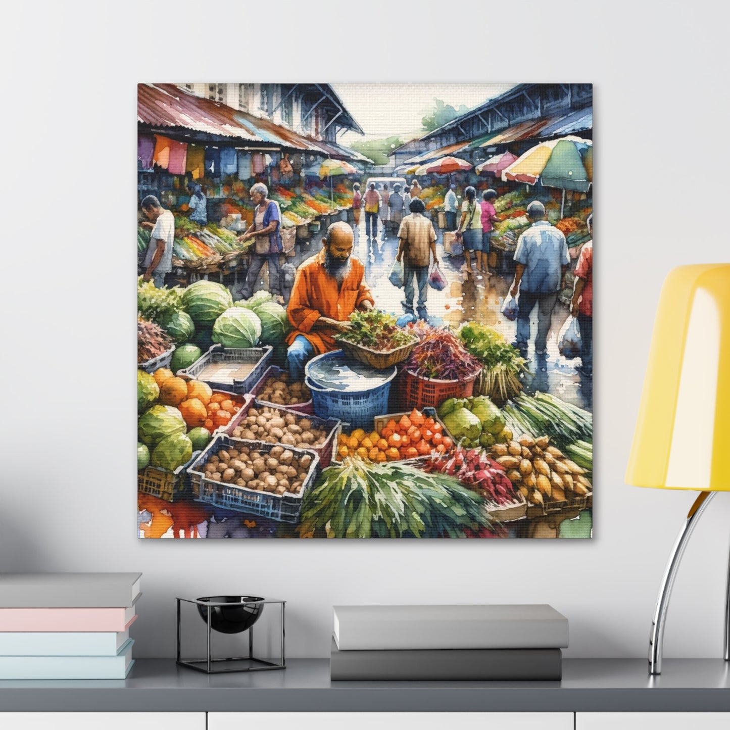 Art Print, "Selling at the Market", Market Scene in Trinidad, Caribbean, Watercolor Finish, West Indian Art, Canvas Gallery Wraps