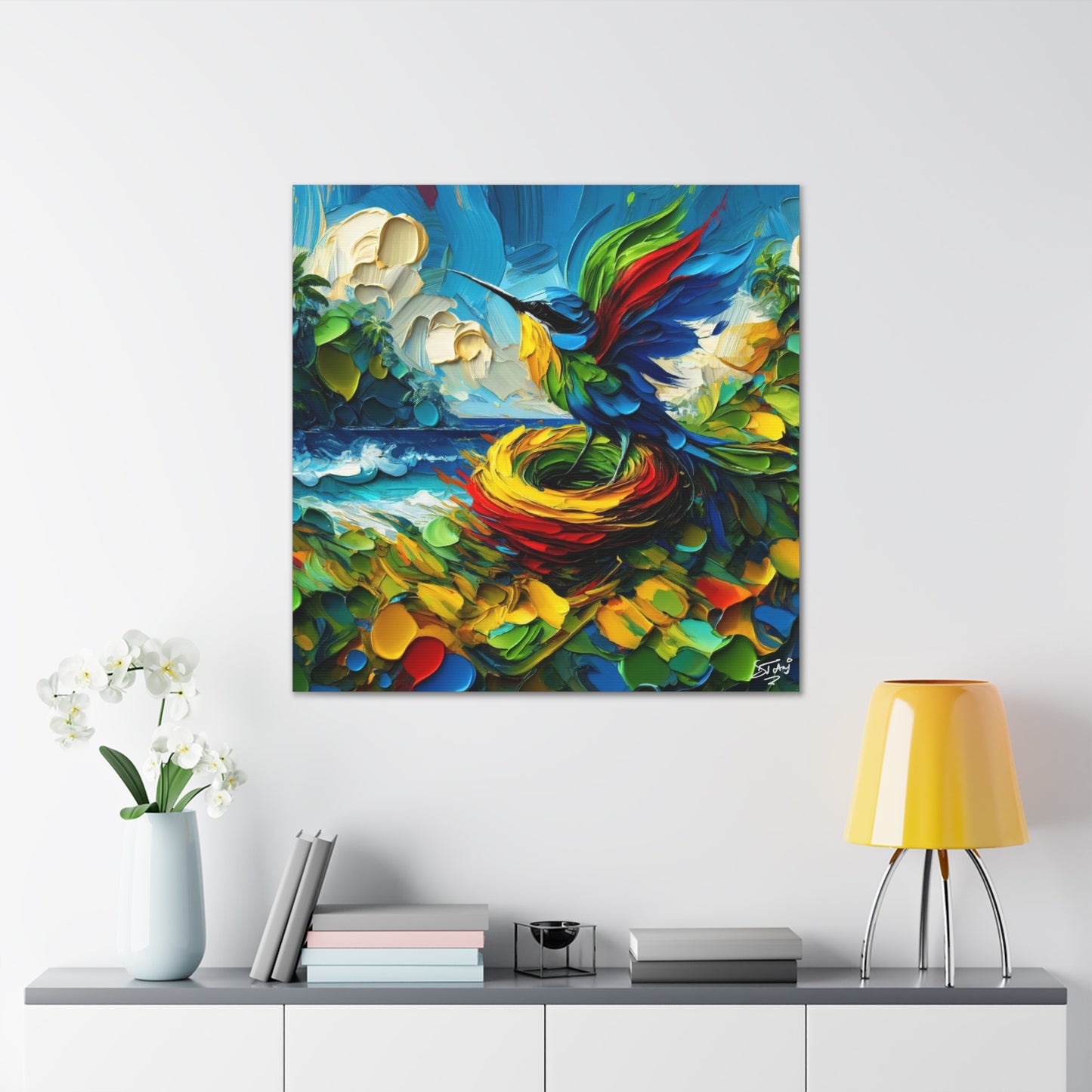 Art Print, Hummingbird, Oil Finish, Caribbean Nature, Cultural, Heritage, Semi-Abstract, Canvas Gallery Wrap