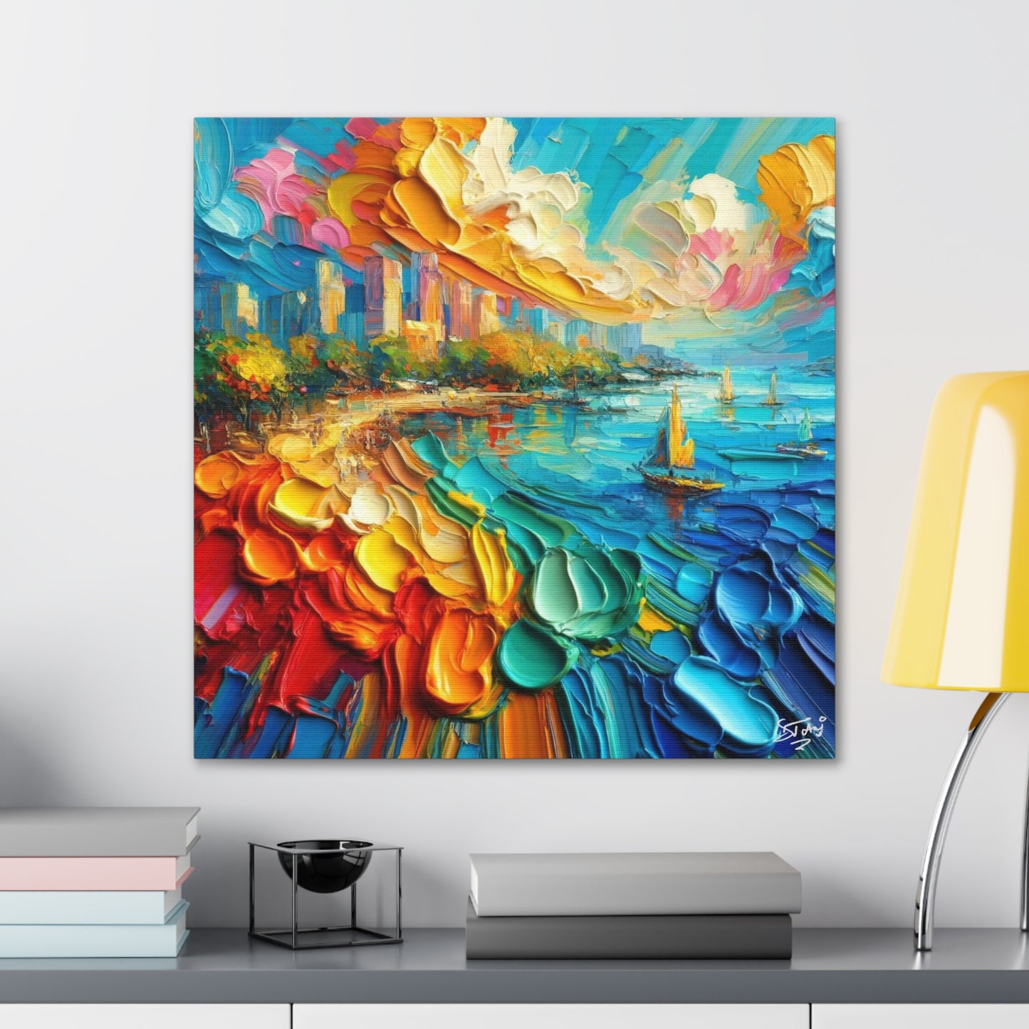 Art Print of Caribbean Beach Scene, Abstract, Oil Painting, West Indian Art, Canvas Gallery Wraps