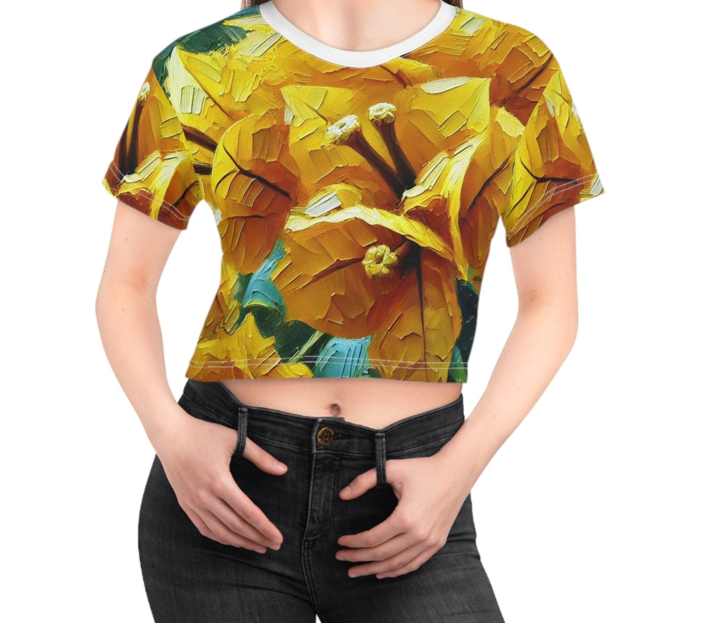 Women's Silky Soft Crop Tee (AOP) Yellow Floral Print