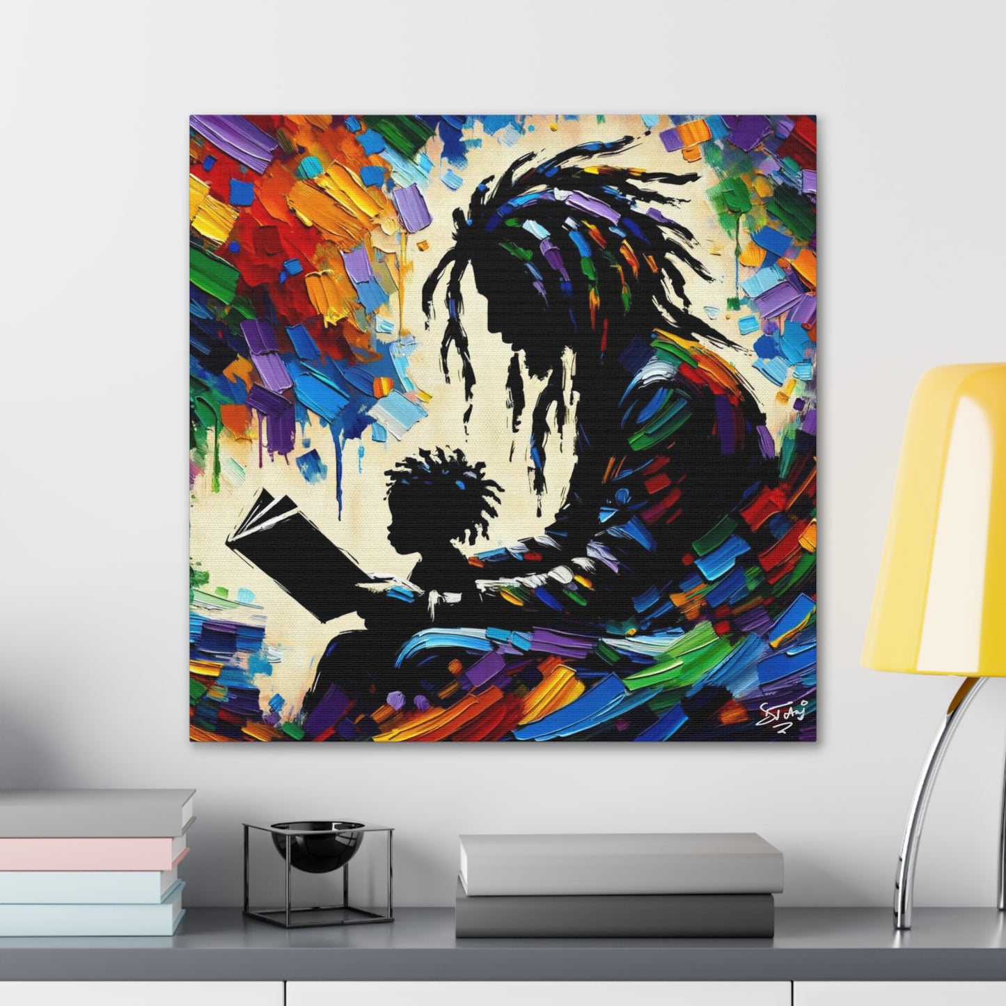 Art Print, Afro-Caribbean Father & Son, Oil Finish, West Indian Ethnicity, Cultural, Heritage, Abstract, Canvas Gallery Wrap