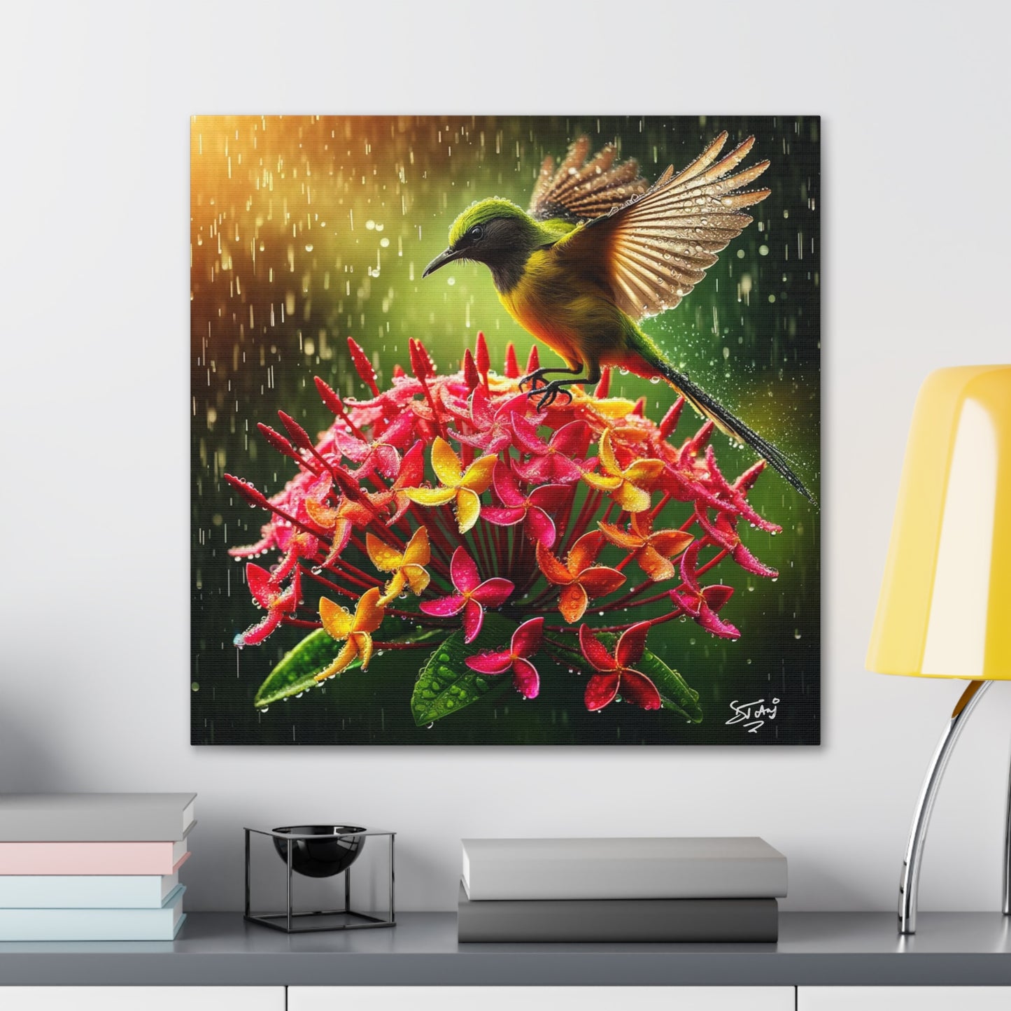 Print#2 of Tropical Bird in the Rain Perched on Ixora Flower, Oil Paint Finish, Caribbean, Tropical, Canvas Gallery Wraps