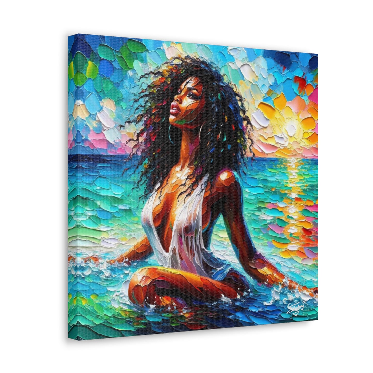 Art Print, Afro-Caribbean Woman, "Sea Bath" Abstract, Oil Finish, West Indian Ethnicity, Cultural, Heritage, Abstract, Canvas Gallery Wrap