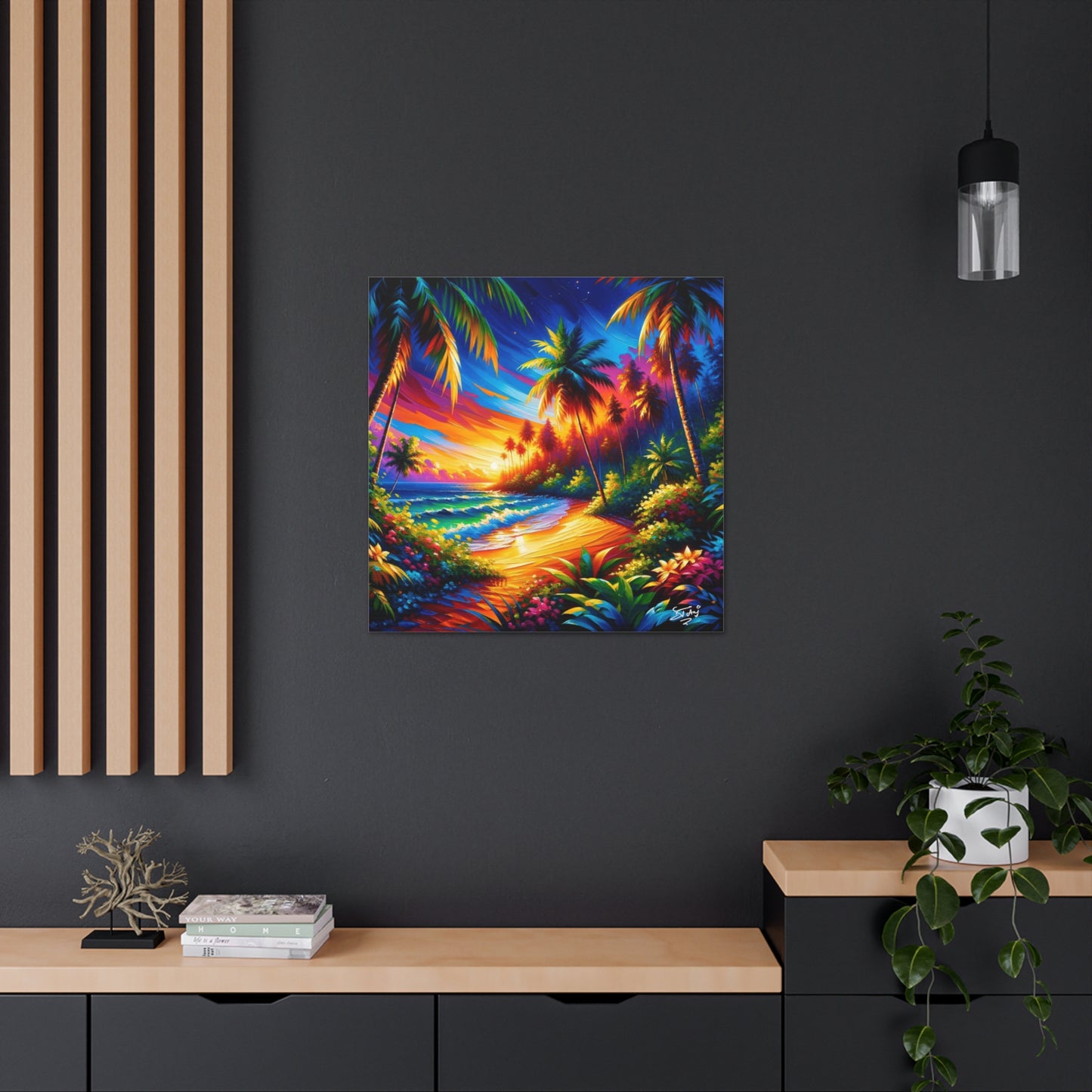 Art Print of Caribbean Beach Sunset Scene, Semi-Abstract Oil Painting, West Indian Art, Canvas Gallery Wraps