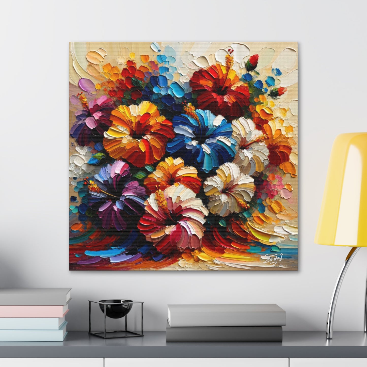 Print#2 of Hibiscus Flower Arrangement, Semi-abstract, Oil Paint finish, Caribbean, Tropical, Canvas Gallery Wraps