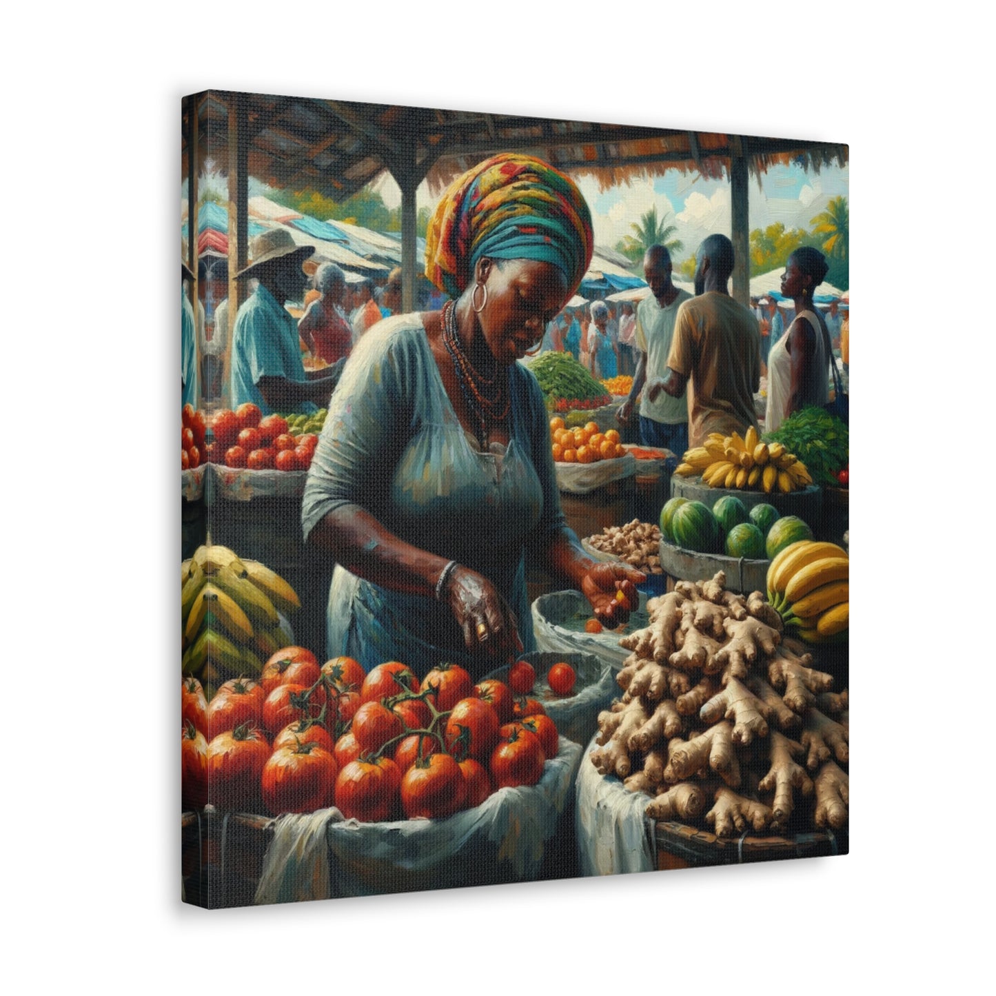 Art Print#5, "Selling at the Market", Market Scene in Trinidad, Caribbean, Oil Finish, West Indian Art, Canvas Gallery Wraps