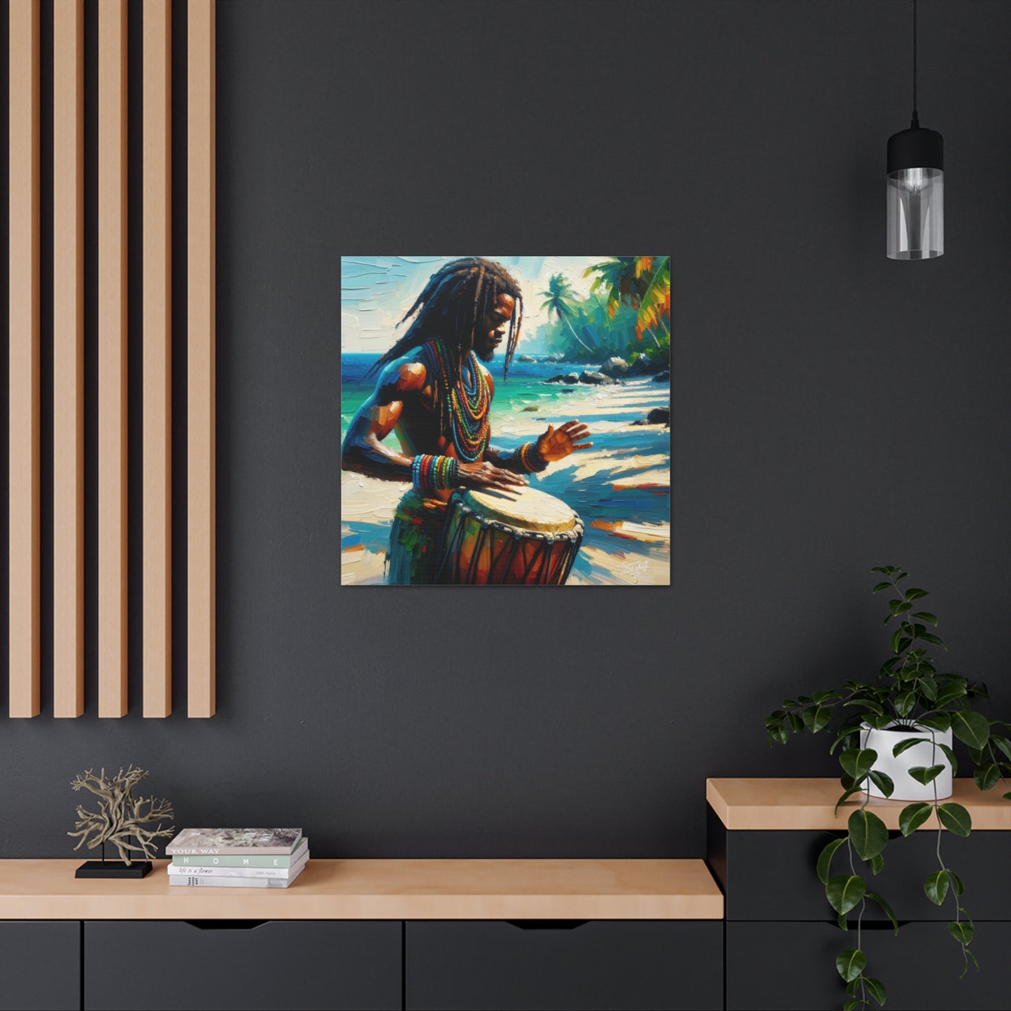 Art Print, Afro-Caribbean Man, "Drumming" Oil Finish, West Indian Ethnicity, Cultural, Heritage, Abstract, Canvas Gallery Wrap