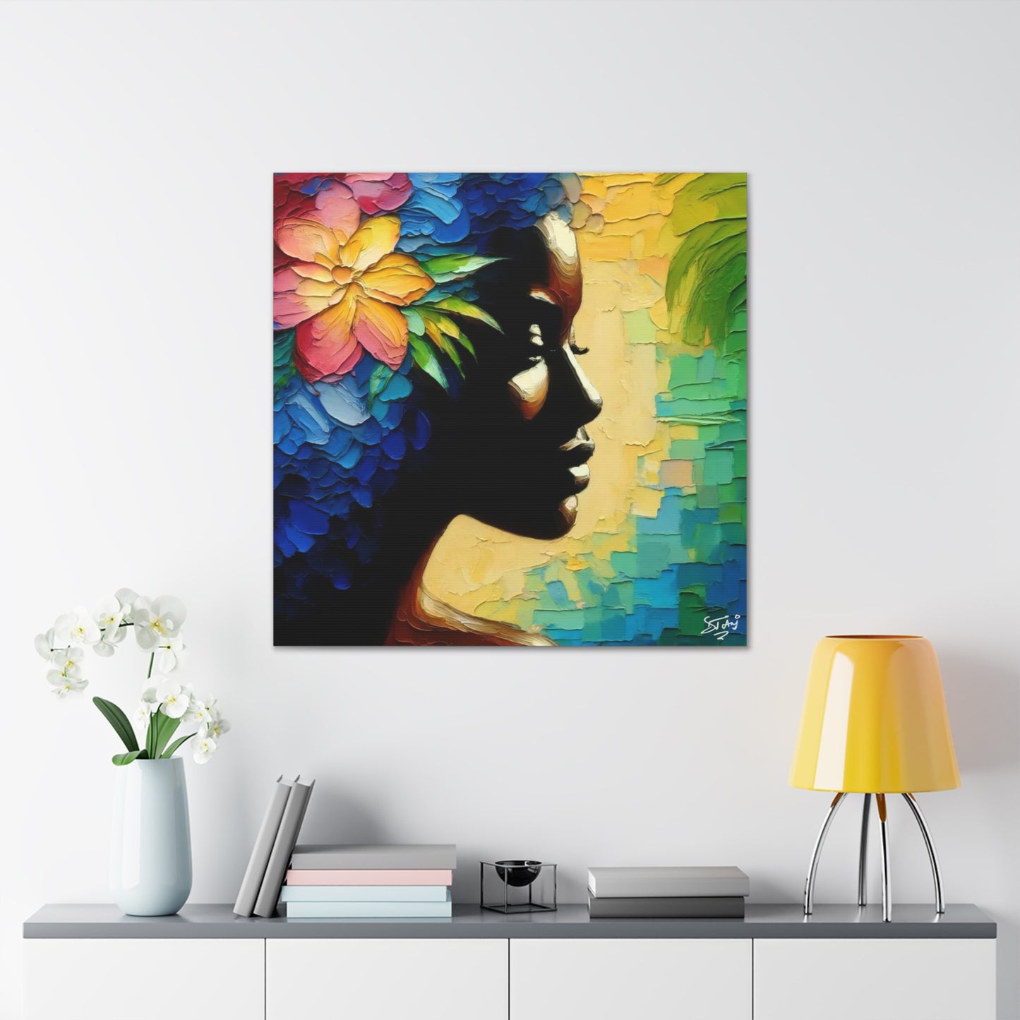 Art Print, Afro-Caribbean Woman "Deep in Thought" Oil Finish, West Indian Ethnicity, Cultural, Heritage, Semi-Abstract, Canvas Gallery Wrap