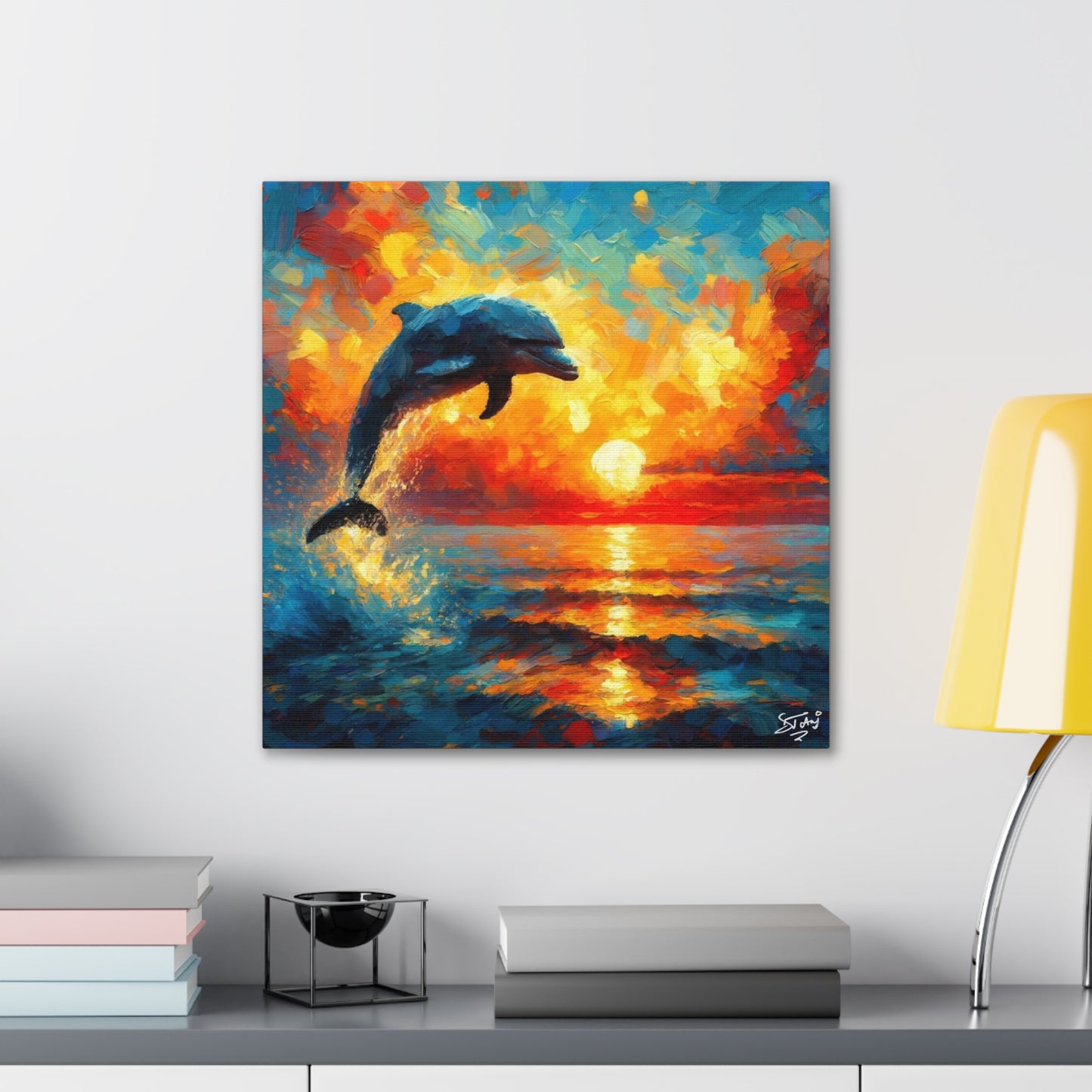 Art Print, Dolphin at Sunset, Oil Finish, Caribbean Nature, Canvas Gallery Wrap