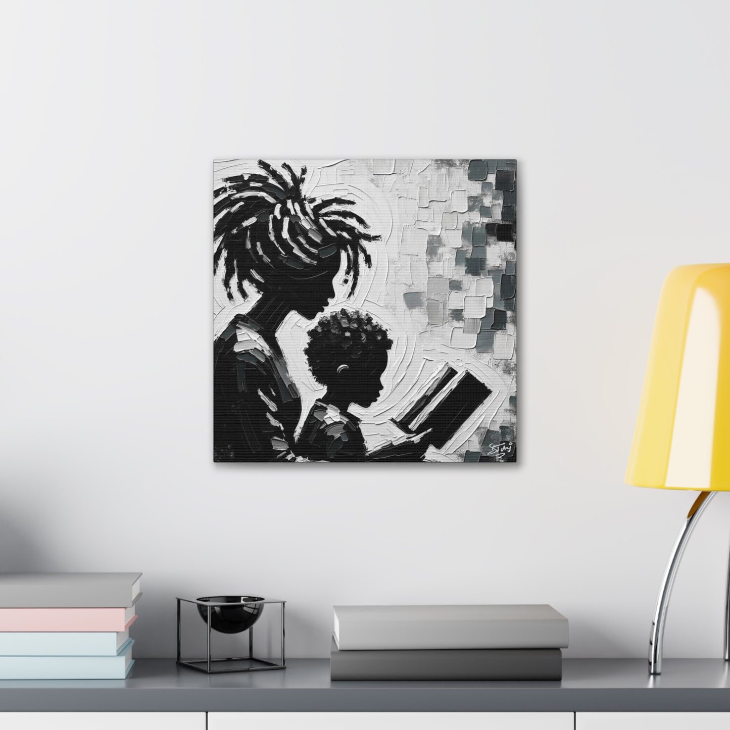 Art Print, Afro-Caribbean Mother & Son (2), Oil Finish, West Indian Ethnicity, Cultural, Heritage, Semi-Abstract, Canvas Gallery Wrap