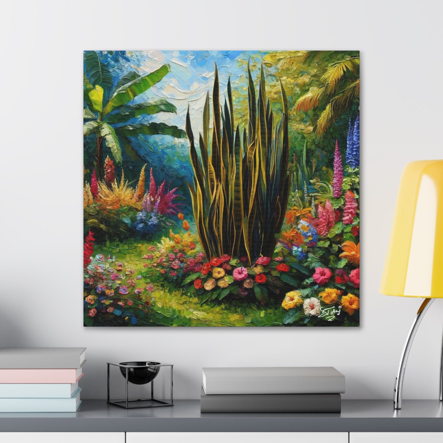 Art Print of Snake Plant in Tropical Flower Garden, Oil Finish, West Indian Art, Canvas Gallery Wraps