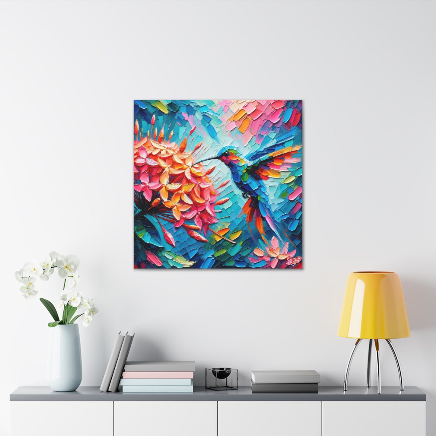 Art Print, Hummingbird on Ixora, Oil Finish, Caribbean Nature, Cultural, Heritage, Semi-Abstract, Canvas Gallery Wrap