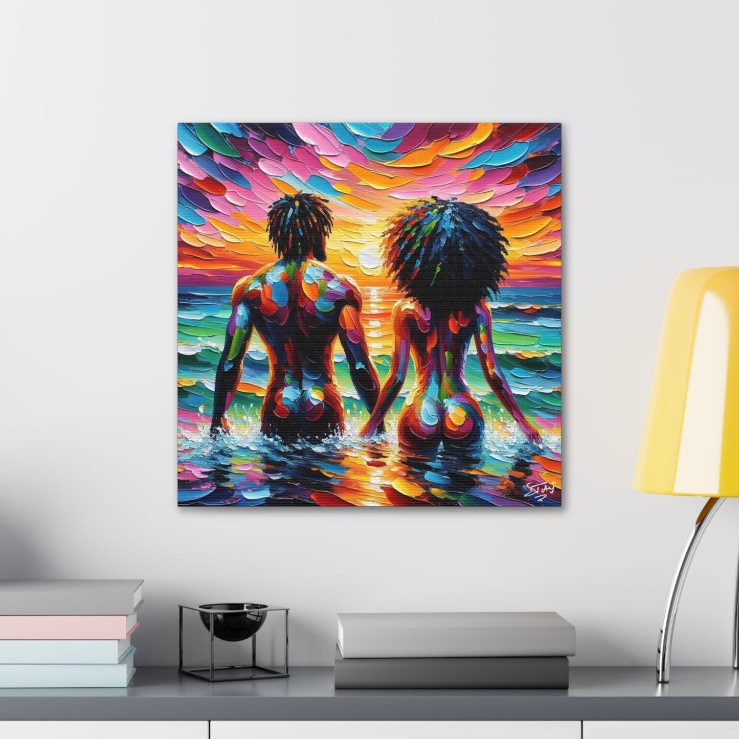 Art Print, Afro-Caribbean Couple "Skinny Dipping," Oil Finish, West Indian Ethnicity, Cultural, Heritage, Semi-Abstract, Canvas Gallery Wrap