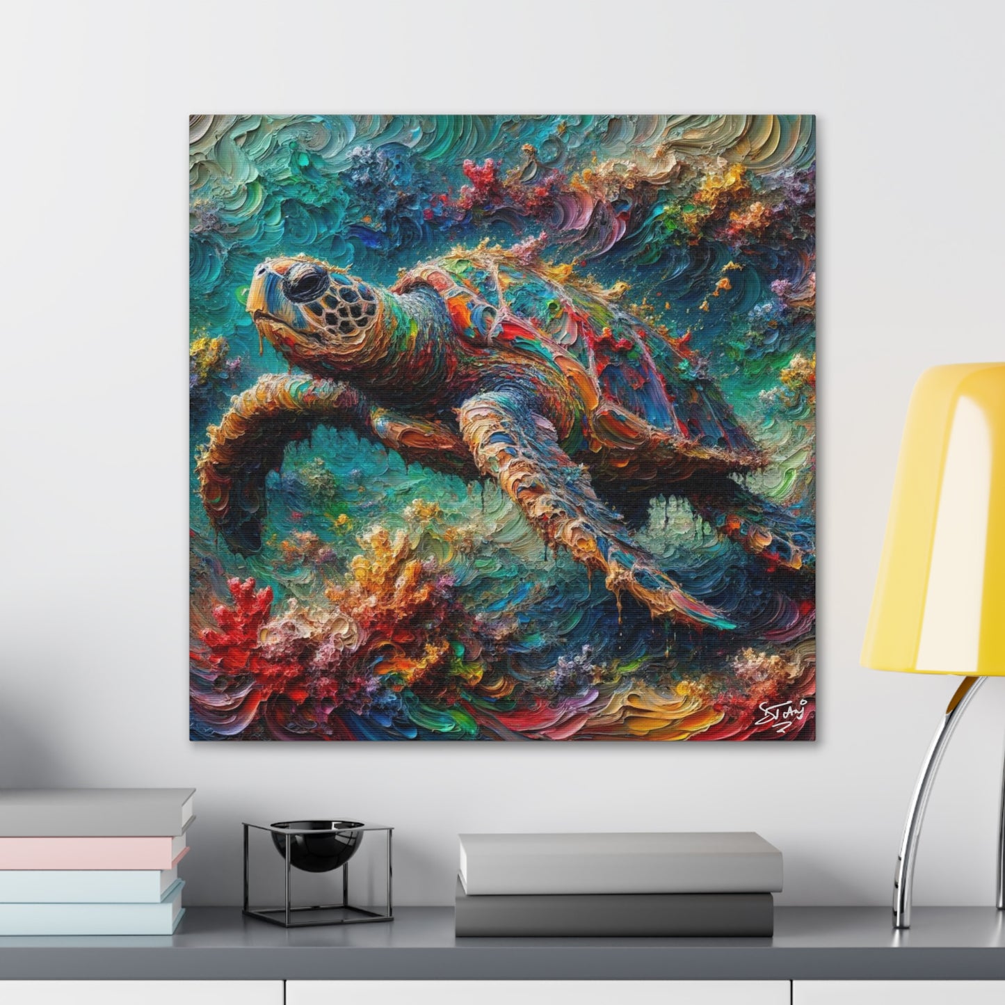 Art Print, Turtle in Reef, Oil Finish, Caribbean Nature, Cultural, Heritage, Semi-Abstract, Canvas Gallery Wrap