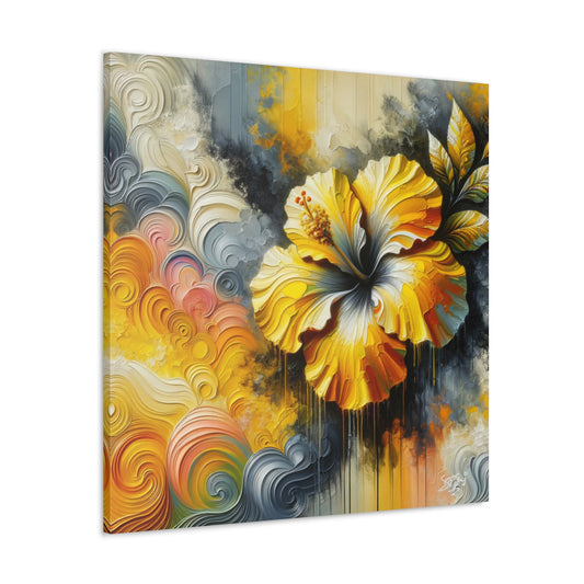 Oil Print of a Yellow Hibiscus Flower, Close-up View, Semi-abstract, Caribbean, Vibrant Vivid Colors, Canvas Gallery Wraps