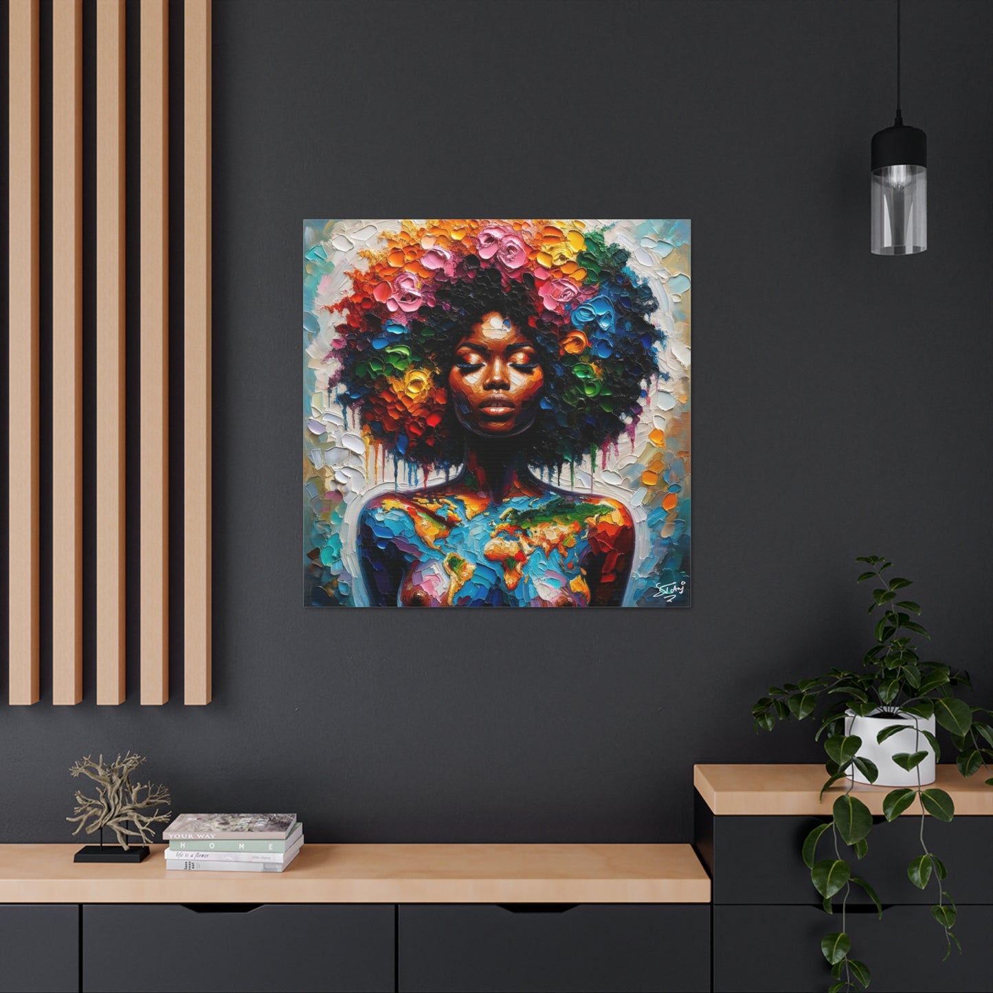 Art Print, Caribbean Woman "World Unity" Oil Finish, West Indian Ethnicity, Cultural, Heritage, Semi-Abstract, Canvas Gallery Wrap