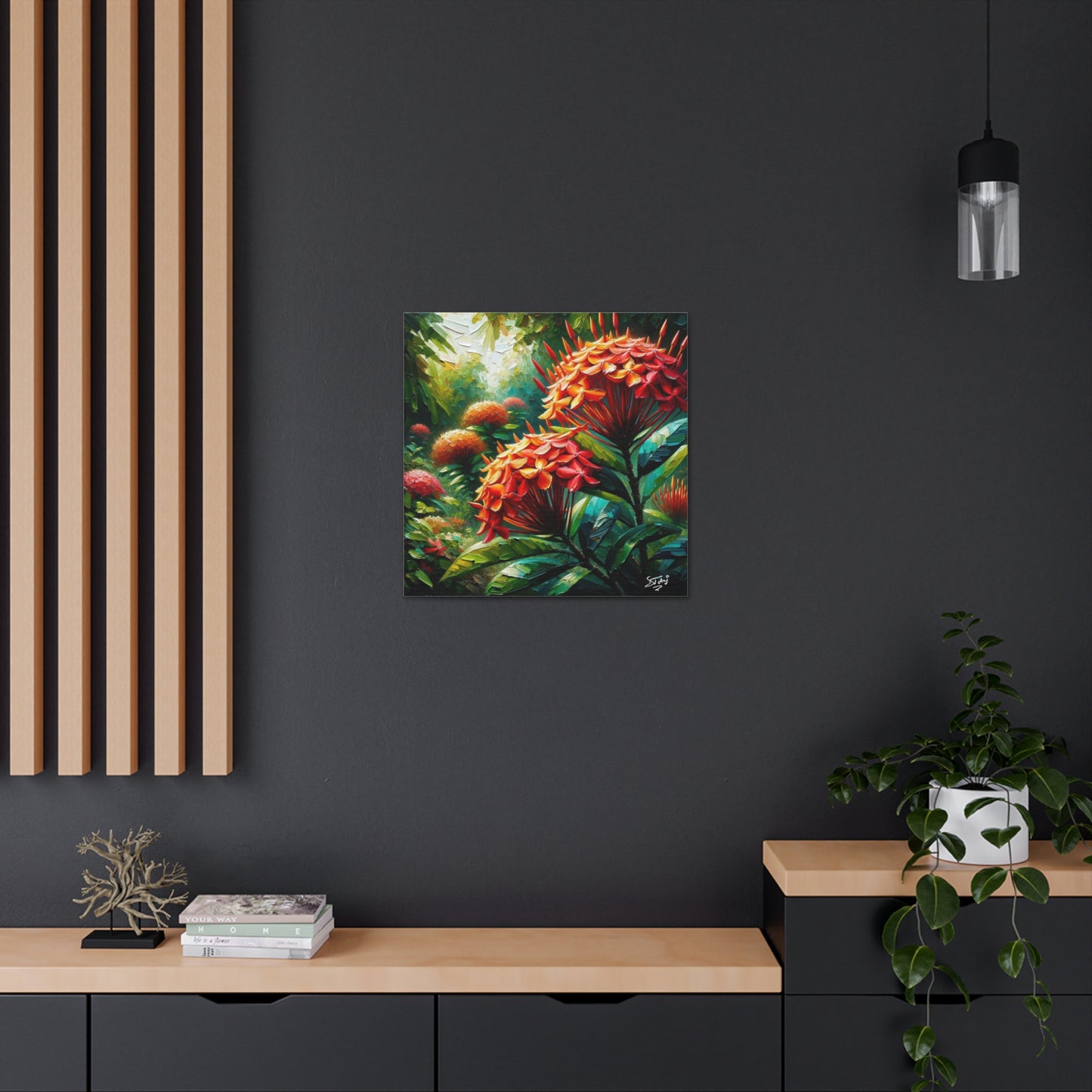 Art Print of Ixora Flowers, Oil Finish, West Indian Art, Canvas Gallery Wraps