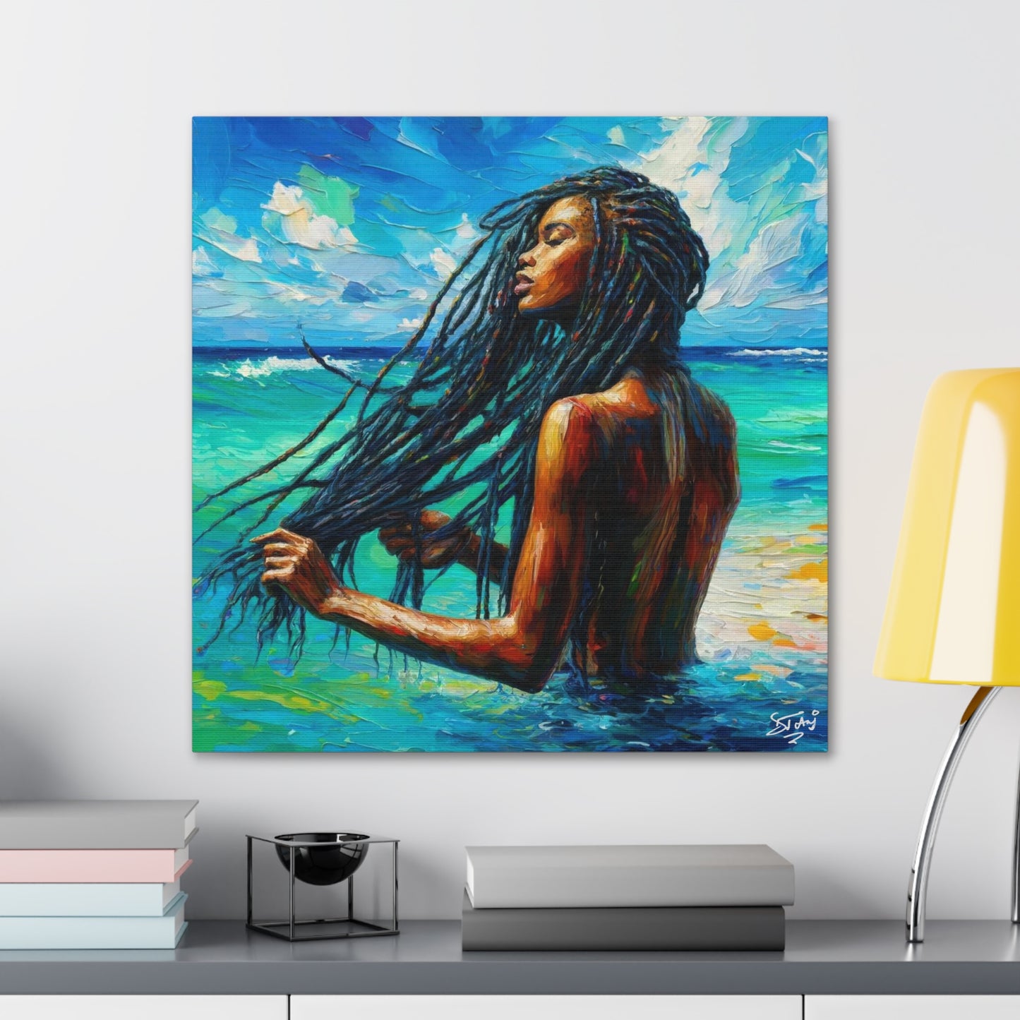 Art Print, Afro-Caribbean Woman "Chilling in the Ocean" Oil Finish, West Indian Ethnicity, Cultural, Heritage, Semi-Abstract, Canvas Gallery Wrap